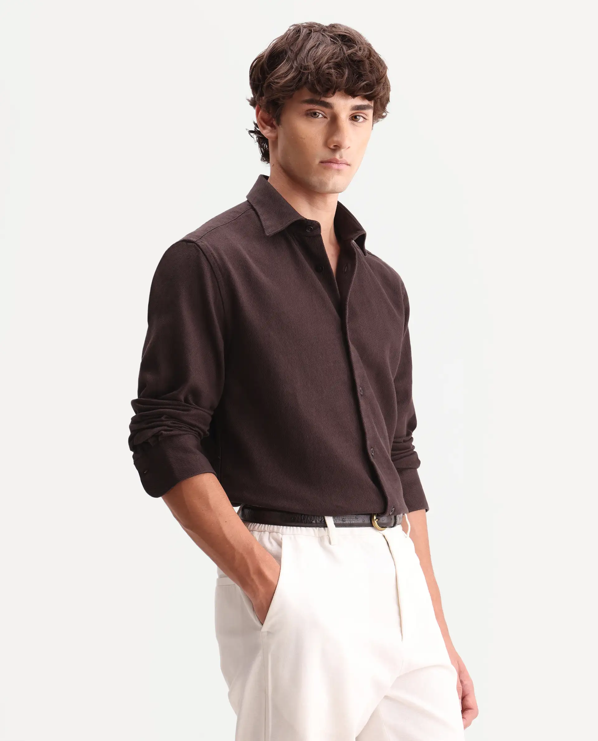 Rare Rabbit Men's Ryka Dark Brown Cotton Fabric Full Sleeve Collared Regular Fit Plain Shirt - Image 5