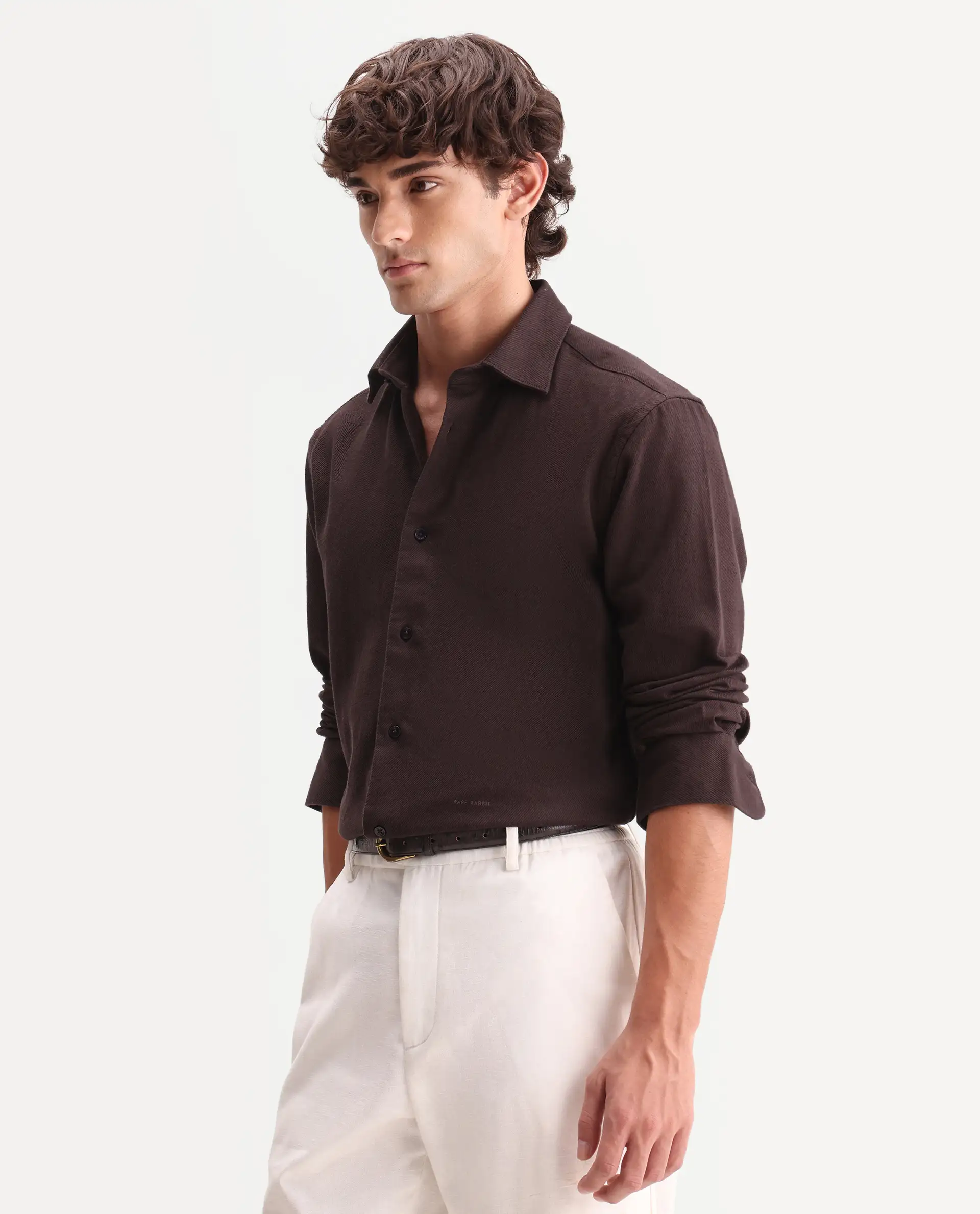 Rare Rabbit Men's Ryka Dark Brown Cotton Fabric Full Sleeve Collared Regular Fit Plain Shirt - Image 6