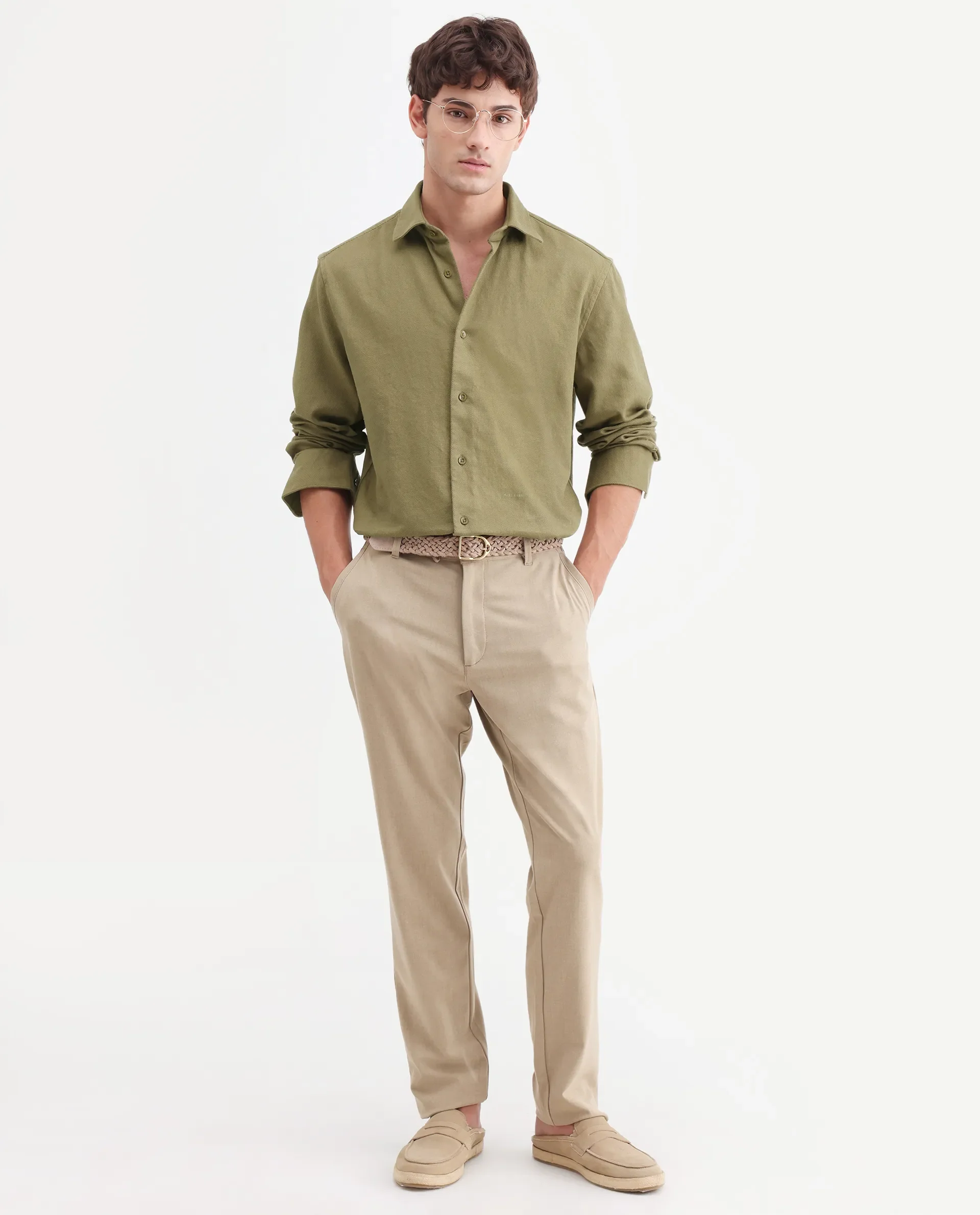 Rare Rabbit Men's Ryka Dusky Olive Cotton Fabric Full Sleeve Collared Regular Fit Plain Shirt - Image 2