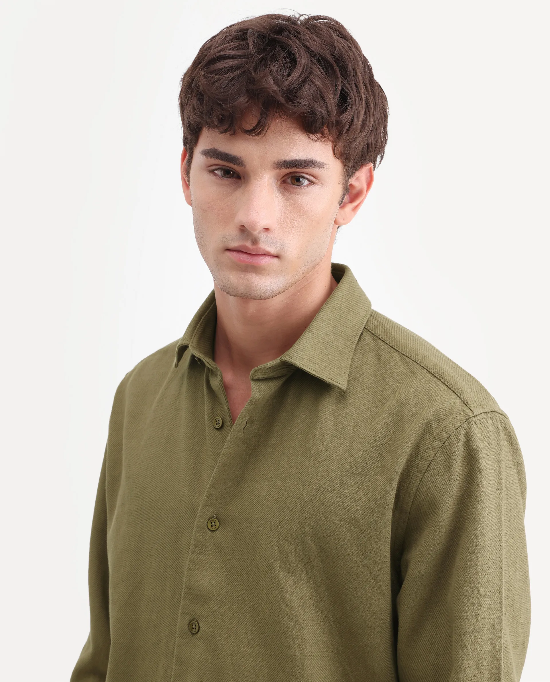 Rare Rabbit Men's Ryka Dusky Olive Cotton Fabric Full Sleeve Collared Regular Fit Plain Shirt - Image 3