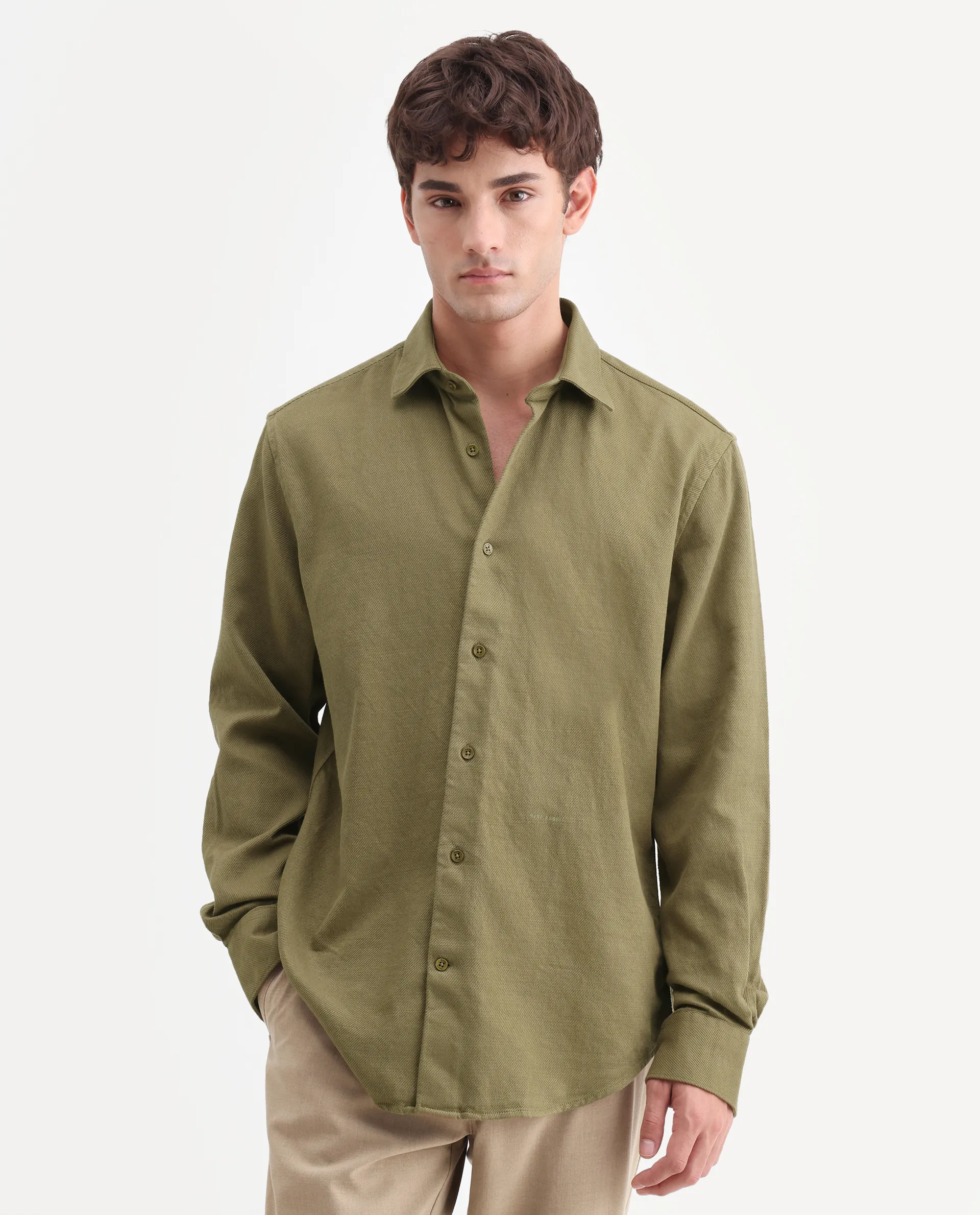 Rare Rabbit Men's Ryka Dusky Olive Cotton Fabric Full Sleeve Collared Regular Fit Plain Shirt - Image 4