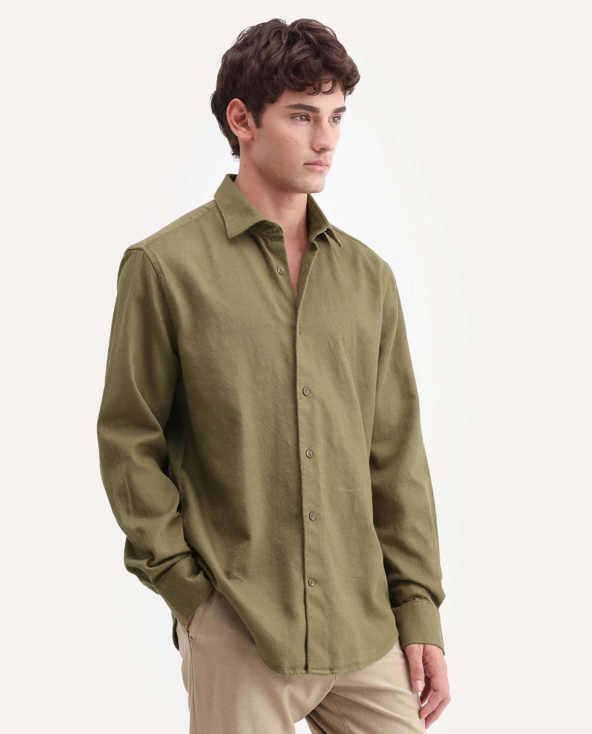 Rare Rabbit Men's Ryka Dusky Olive Cotton Fabric Full Sleeve Collared Regular Fit Plain Shirt - Image 5