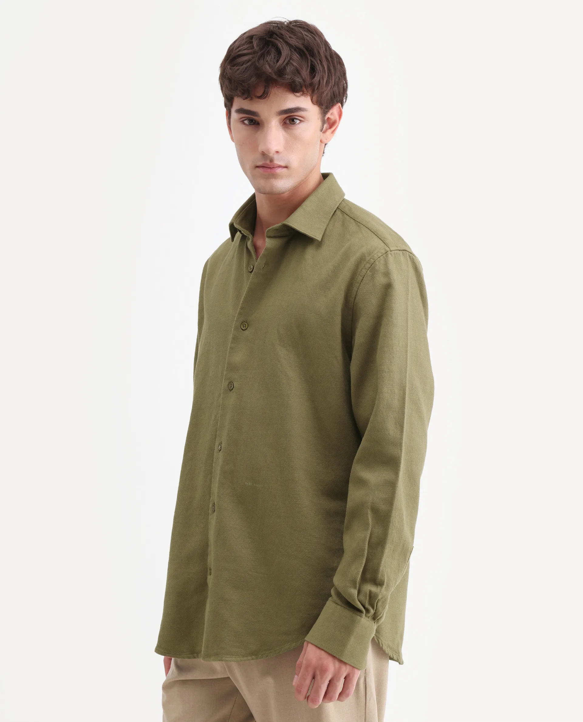 Rare Rabbit Men's Ryka Dusky Olive Cotton Fabric Full Sleeve Collared Regular Fit Plain Shirt - Image 6