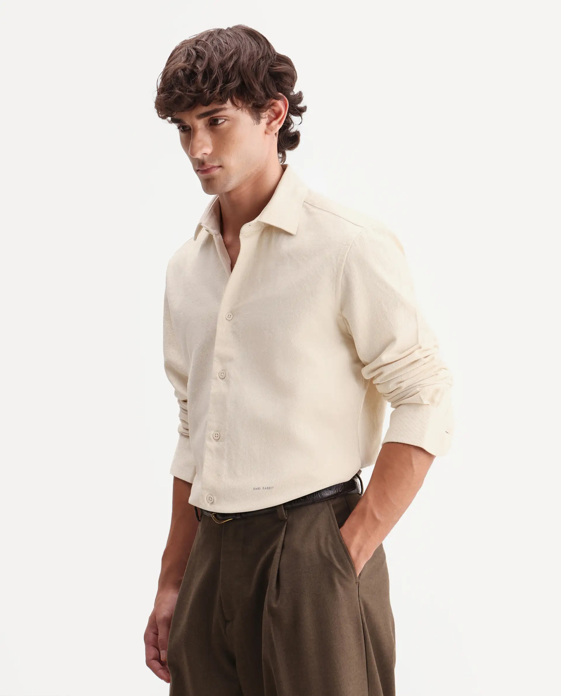 Rare Rabbit Men's Ryka Off White Cotton Fabric Full Sleeve Collared Regular Fit Plain Shirt - Image 5