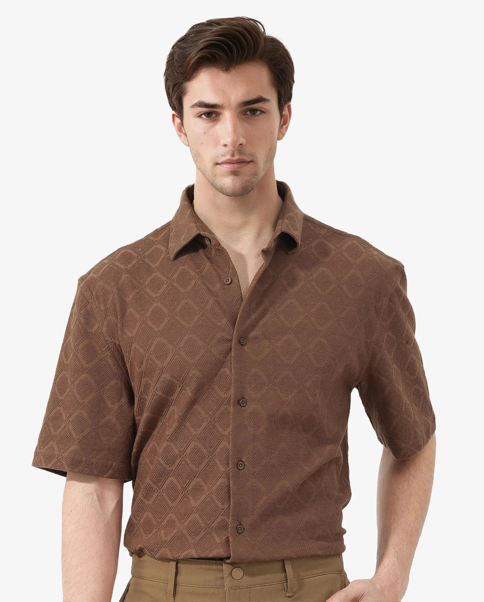 Rare Rabbit Men's Ryker Brown Cotton Blend Jacquard Boxy Fit Half Sleeve Collared Shirt