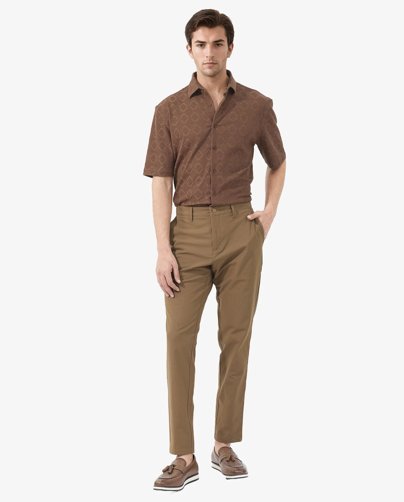 Rare Rabbit Men's Ryker Brown Cotton Blend Jacquard Boxy Fit Half Sleeve Collared Shirt - Image 2
