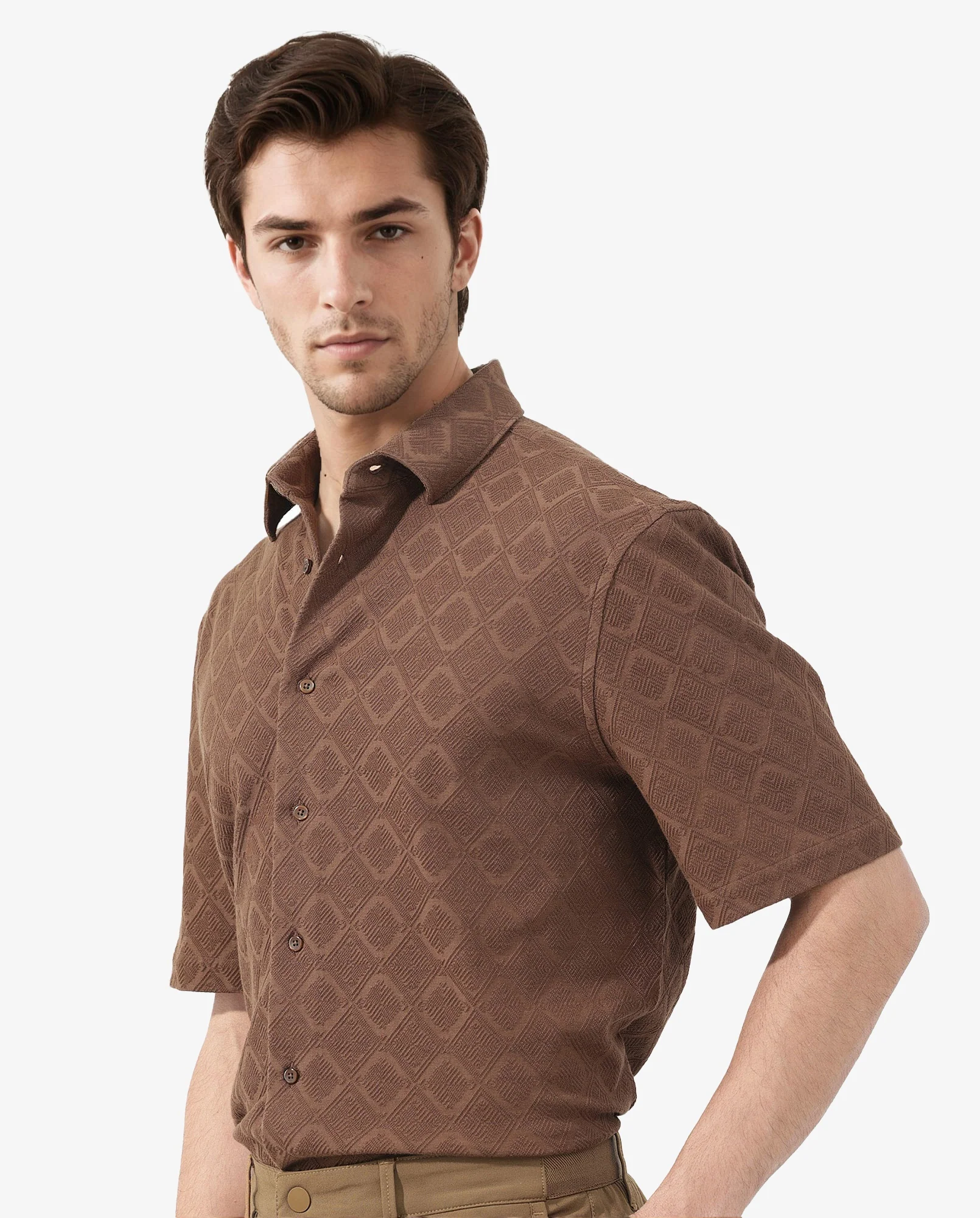 Rare Rabbit Men's Ryker Brown Cotton Blend Jacquard Boxy Fit Half Sleeve Collared Shirt - Image 3