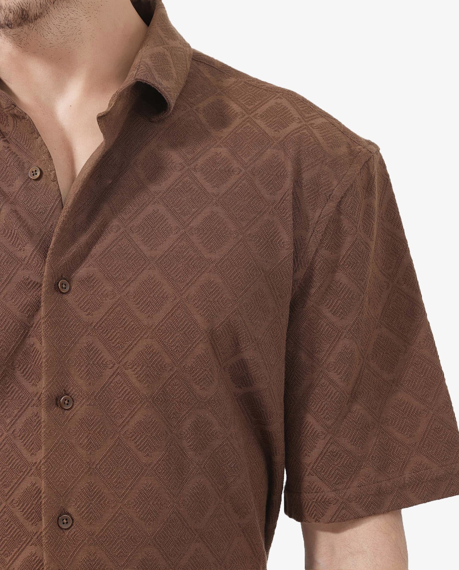 Rare Rabbit Men's Ryker Brown Cotton Blend Jacquard Boxy Fit Half Sleeve Collared Shirt - Image 4