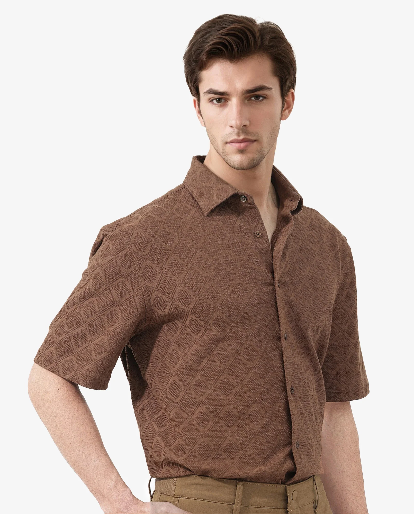Rare Rabbit Men's Ryker Brown Cotton Blend Jacquard Boxy Fit Half Sleeve Collared Shirt - Image 5