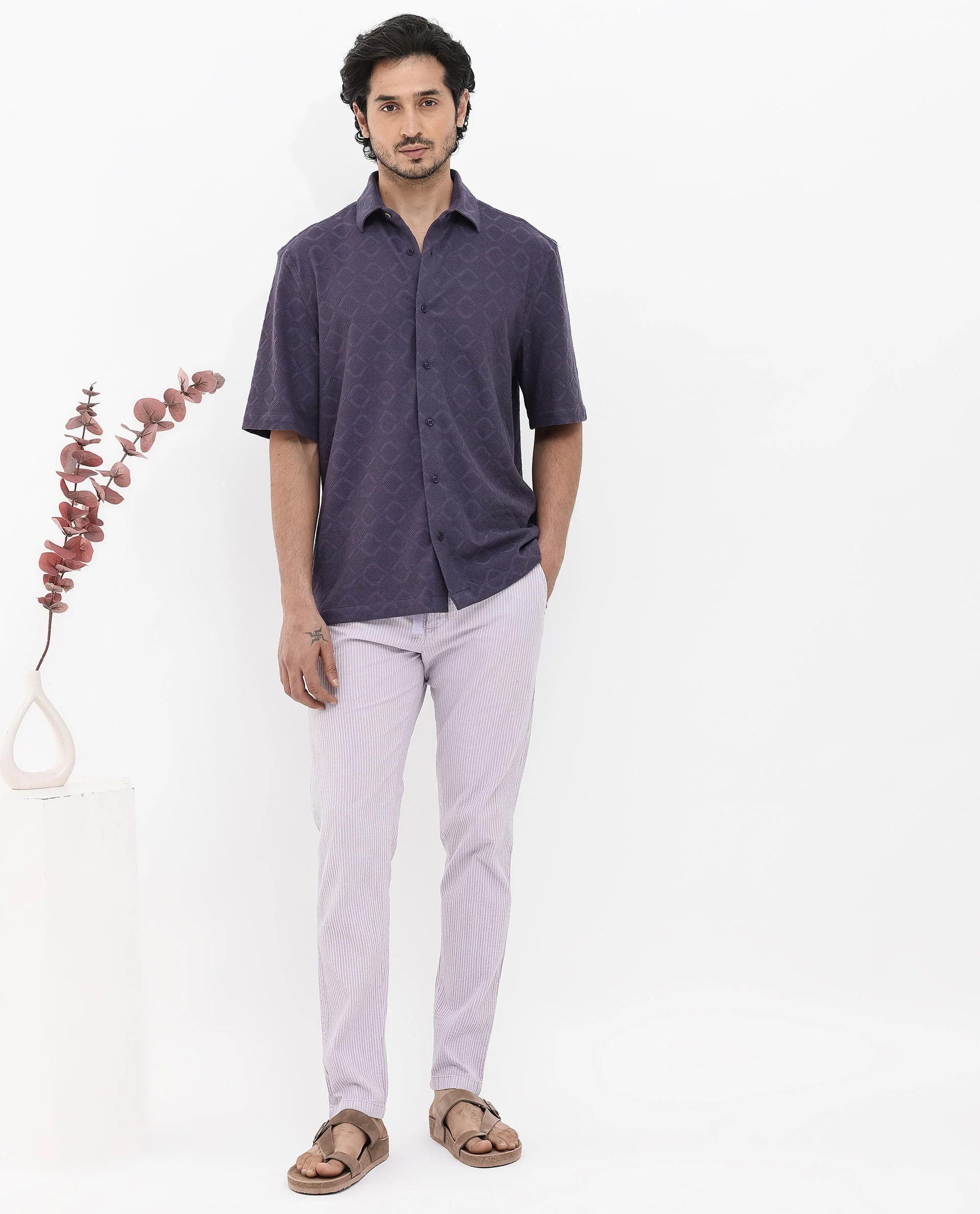 Rare Rabbit Men's Ryker Dusky Purple Cotton Blend Jacquard Boxy Fit Half Sleeve Collared Shirt - Image 2
