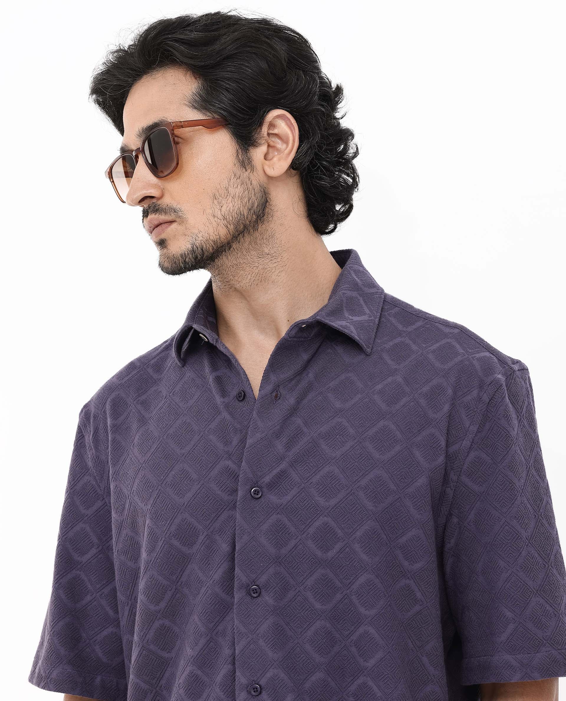 Rare Rabbit Men's Ryker Dusky Purple Cotton Blend Jacquard Boxy Fit Half Sleeve Collared Shirt - Image 3