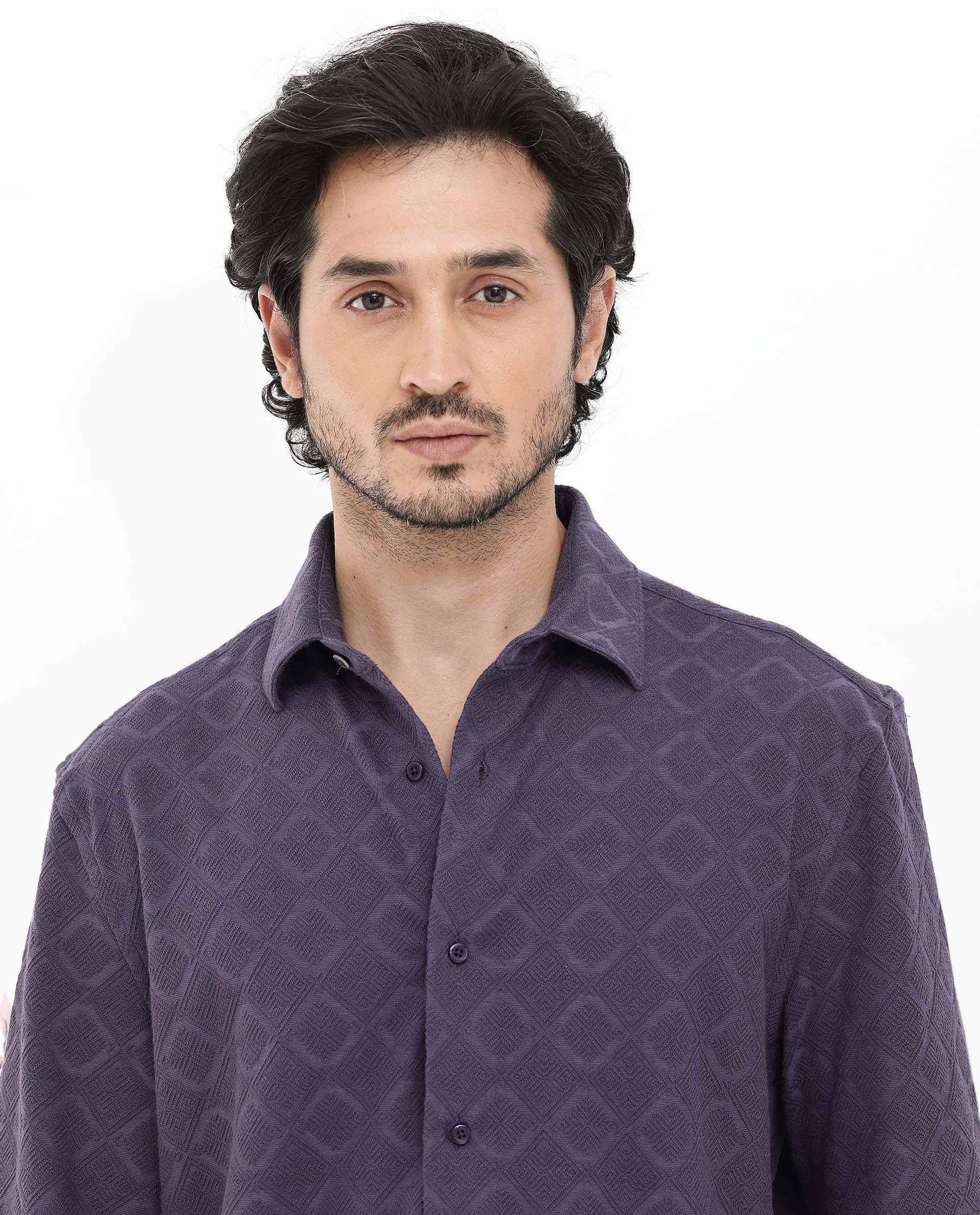 Rare Rabbit Men's Ryker Dusky Purple Cotton Blend Jacquard Boxy Fit Half Sleeve Collared Shirt - Image 4