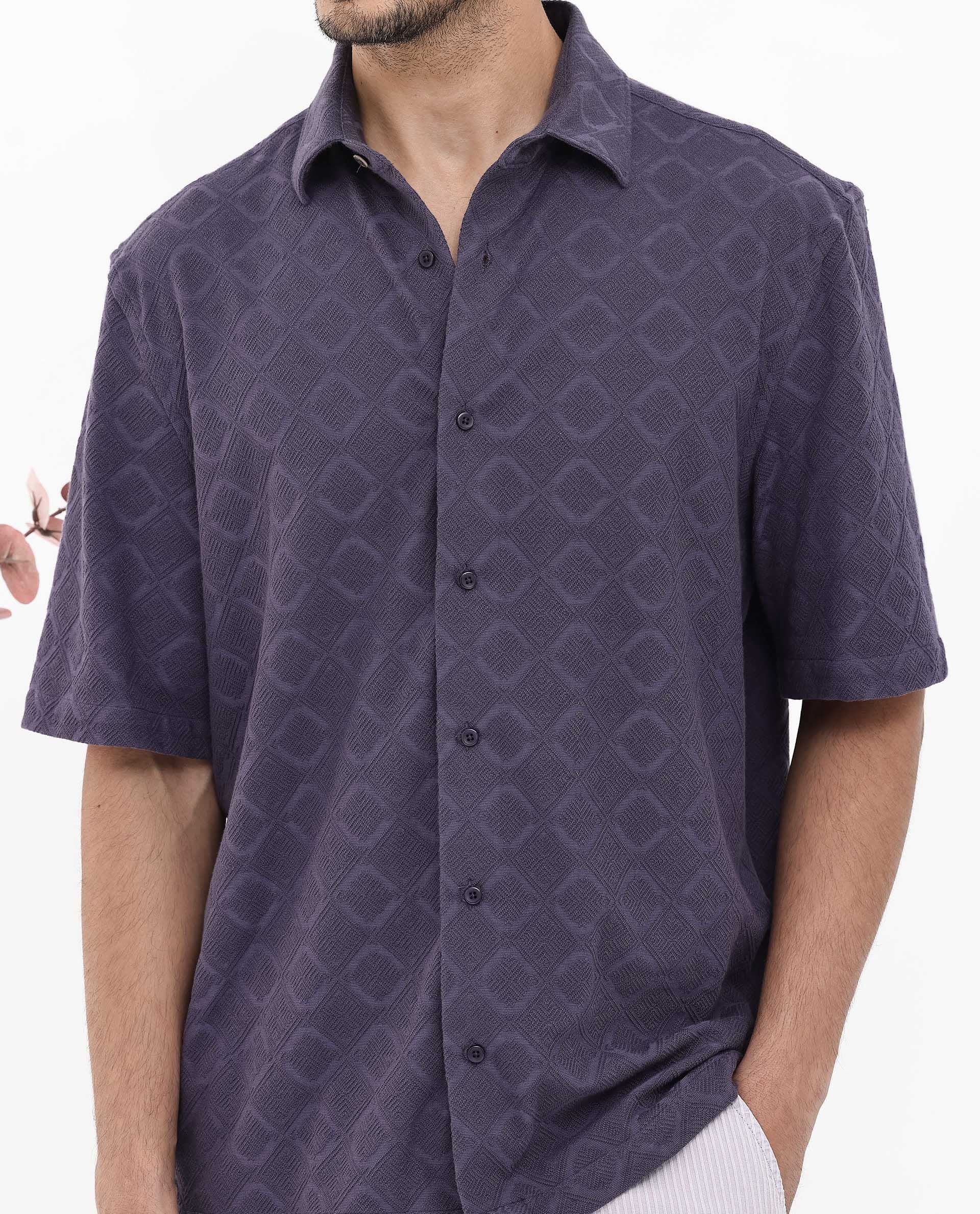 Rare Rabbit Men's Ryker Dusky Purple Cotton Blend Jacquard Boxy Fit Half Sleeve Collared Shirt - Image 5