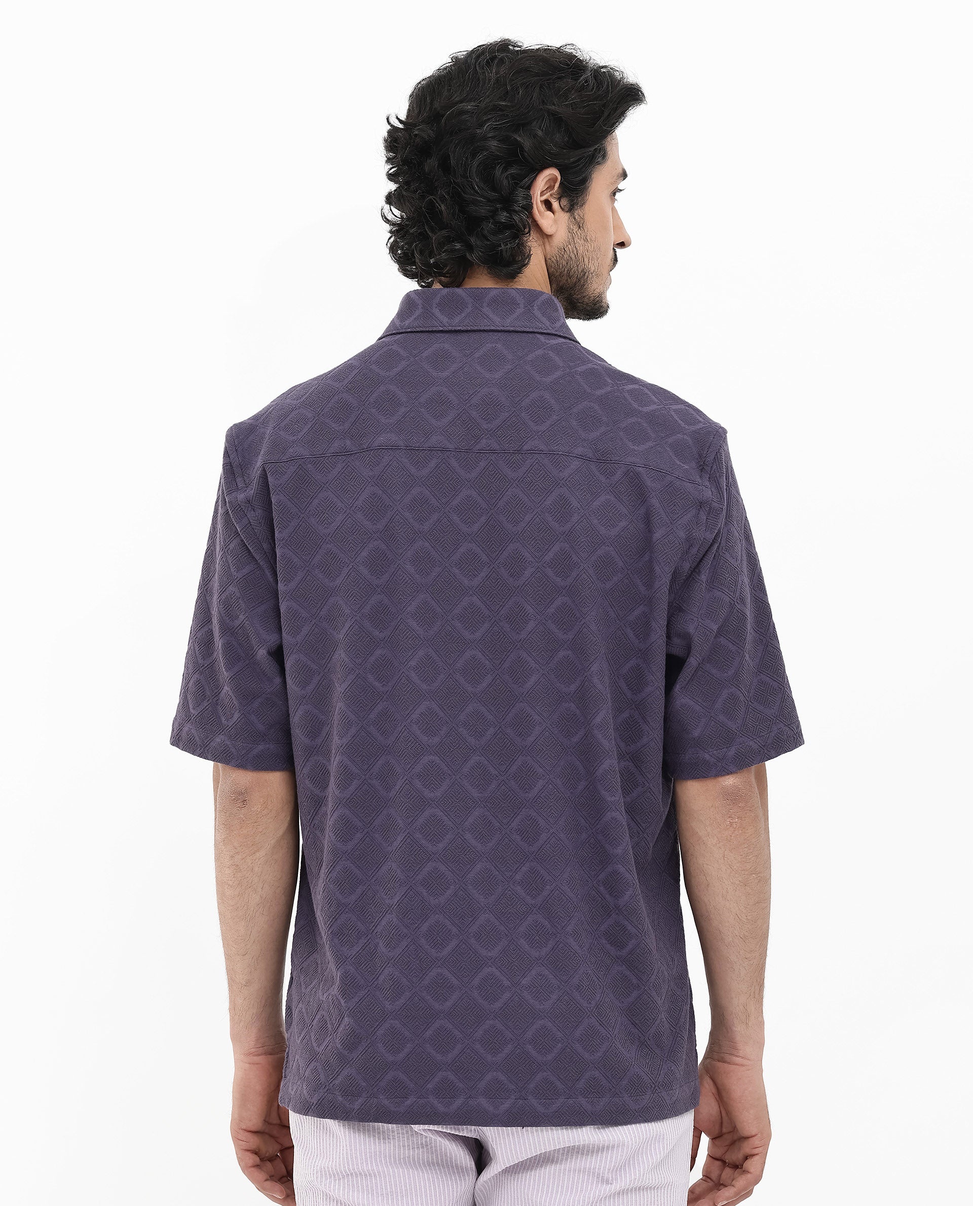 Rare Rabbit Men's Ryker Dusky Purple Cotton Blend Jacquard Boxy Fit Half Sleeve Collared Shirt - Image 6