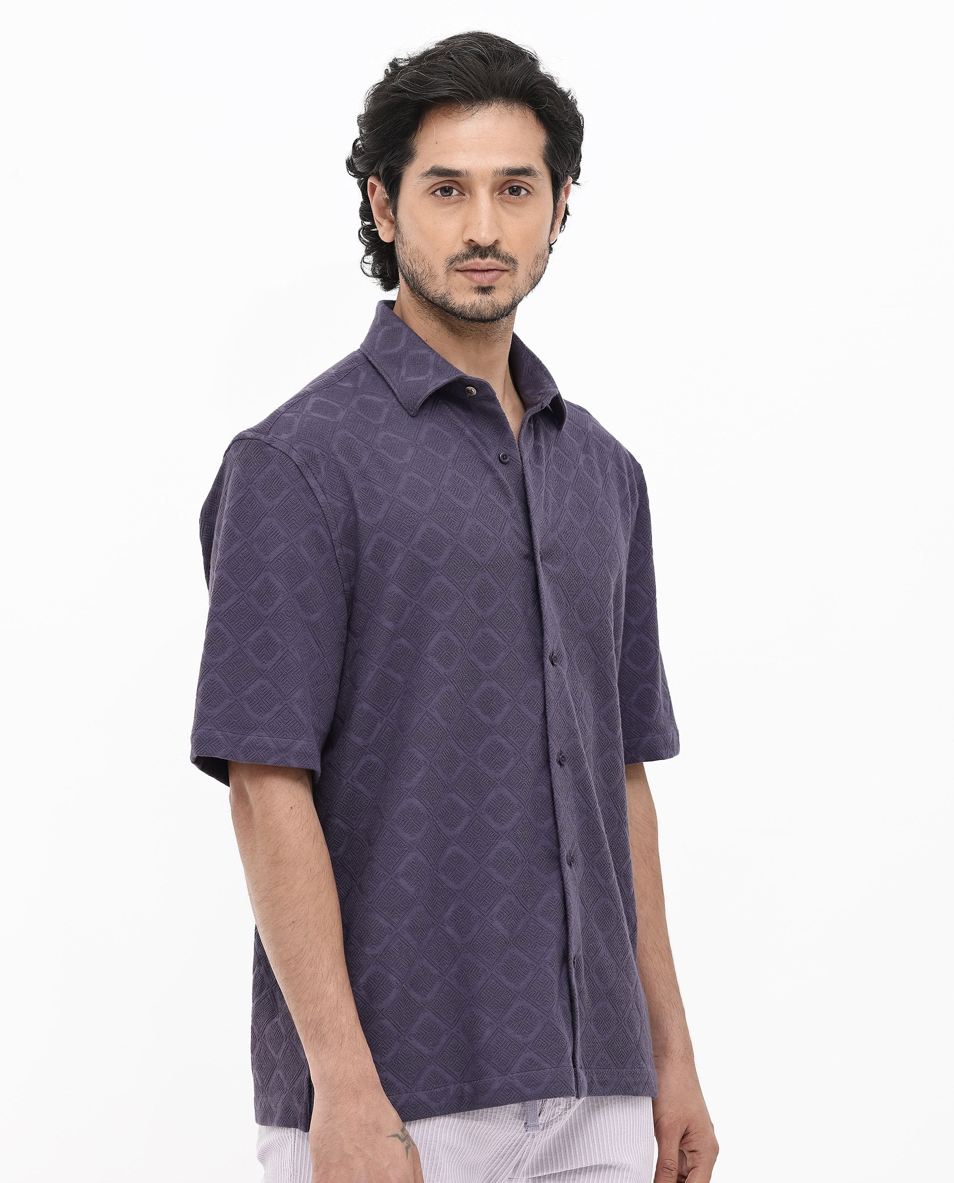 Rare Rabbit Men's Ryker Dusky Purple Cotton Blend Jacquard Boxy Fit Half Sleeve Collared Shirt - Image 7
