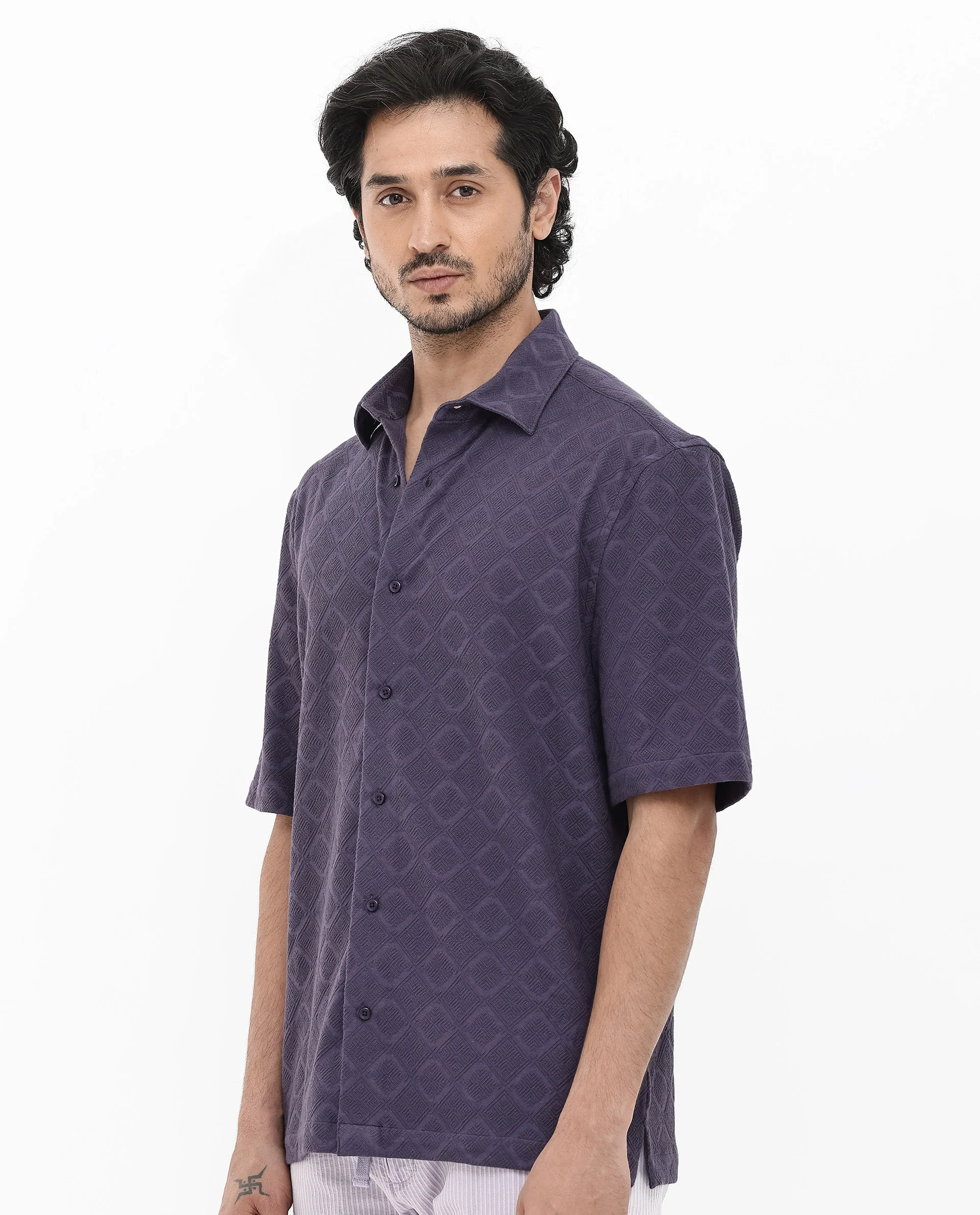 Rare Rabbit Men's Ryker Dusky Purple Cotton Blend Jacquard Boxy Fit Half Sleeve Collared Shirt - Image 8