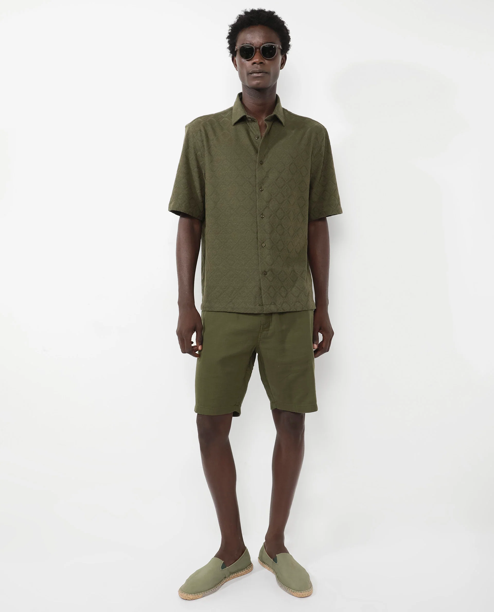Rare Rabbit Men's Ryker Olive Cotton Blend Jacquard Boxy Fit Half Sleeve Collared Shirt - Image 2