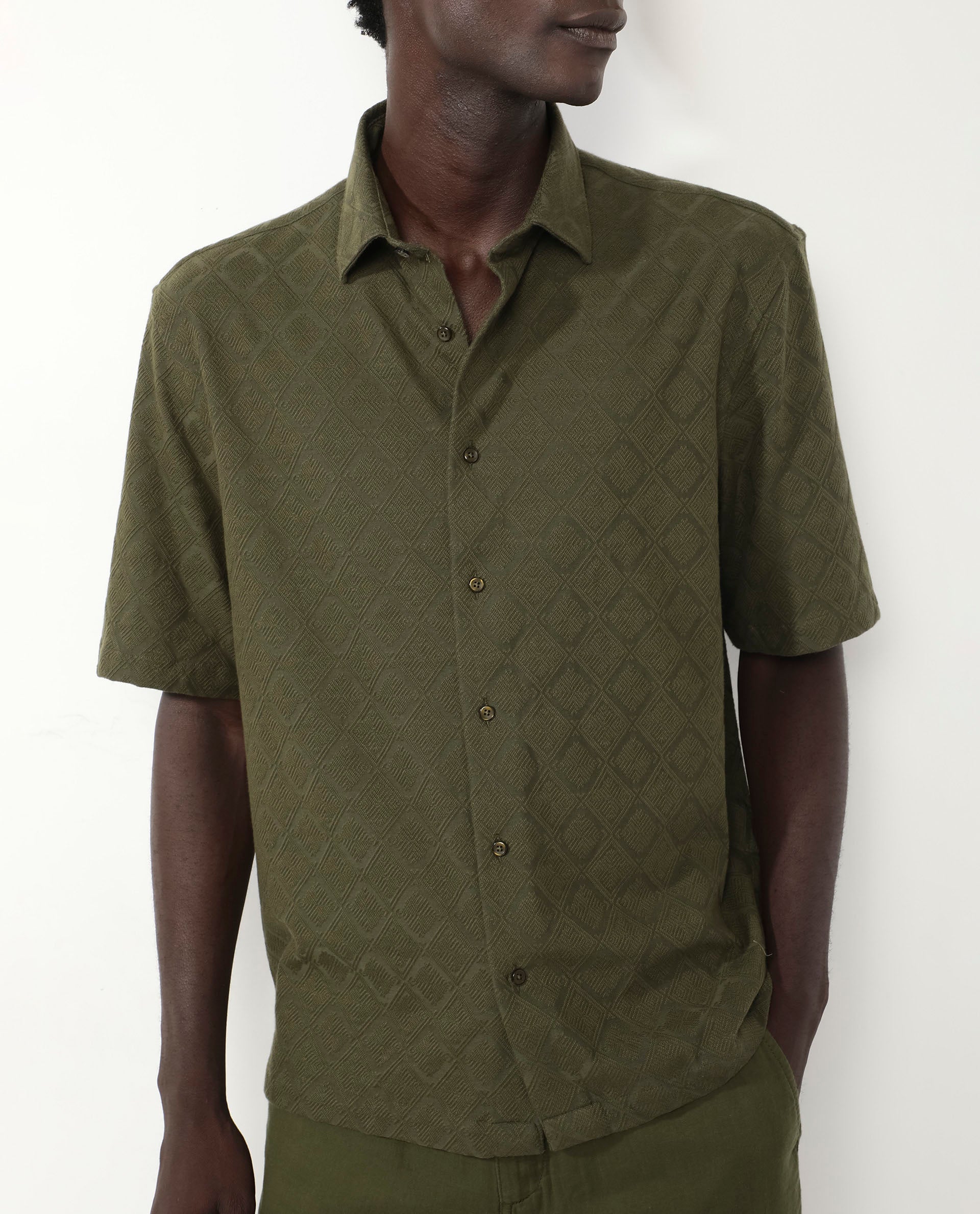 Rare Rabbit Men's Ryker Olive Cotton Blend Jacquard Boxy Fit Half Sleeve Collared Shirt - Image 3