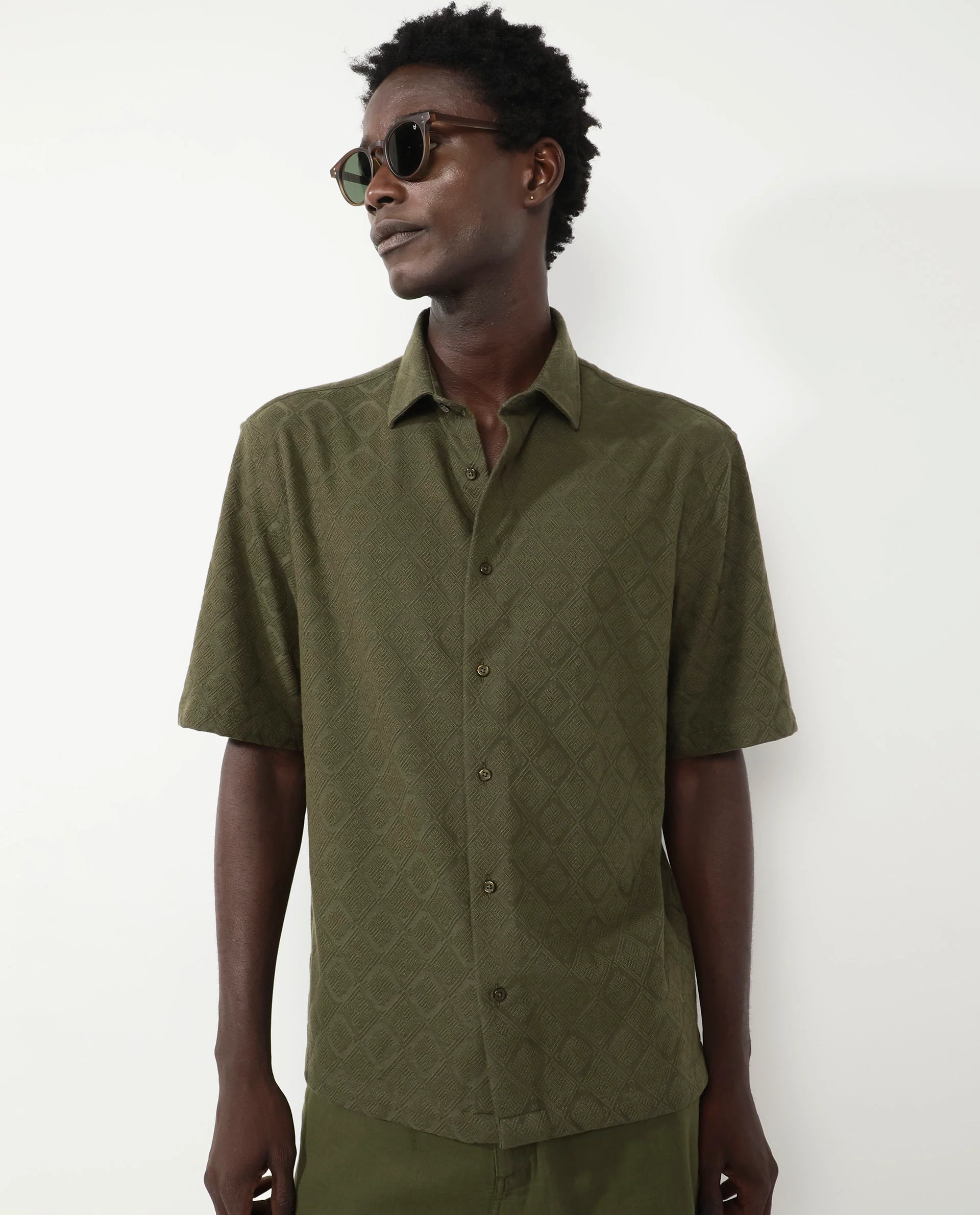 Rare Rabbit Men's Ryker Olive Cotton Blend Jacquard Boxy Fit Half Sleeve Collared Shirt - Image 4
