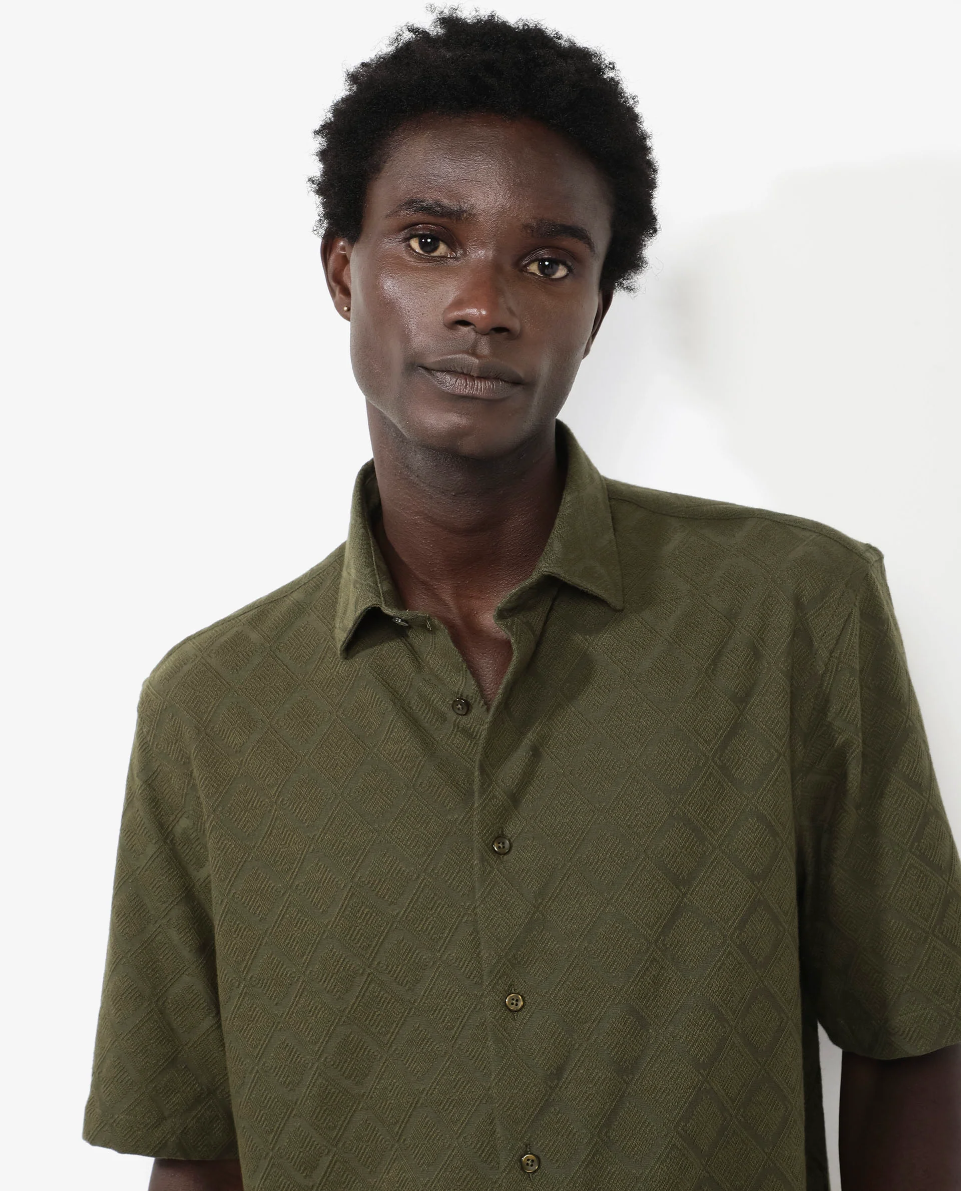 Rare Rabbit Men's Ryker Olive Cotton Blend Jacquard Boxy Fit Half Sleeve Collared Shirt - Image 5