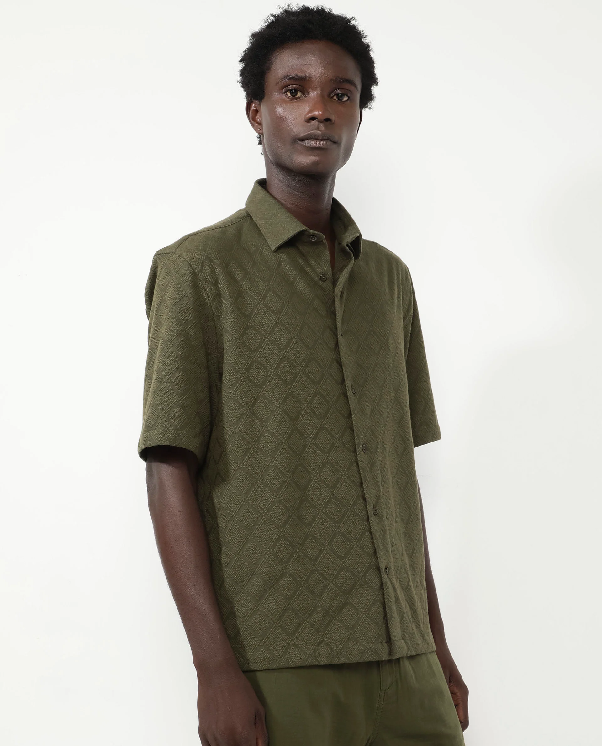 Rare Rabbit Men's Ryker Olive Cotton Blend Jacquard Boxy Fit Half Sleeve Collared Shirt - Image 6