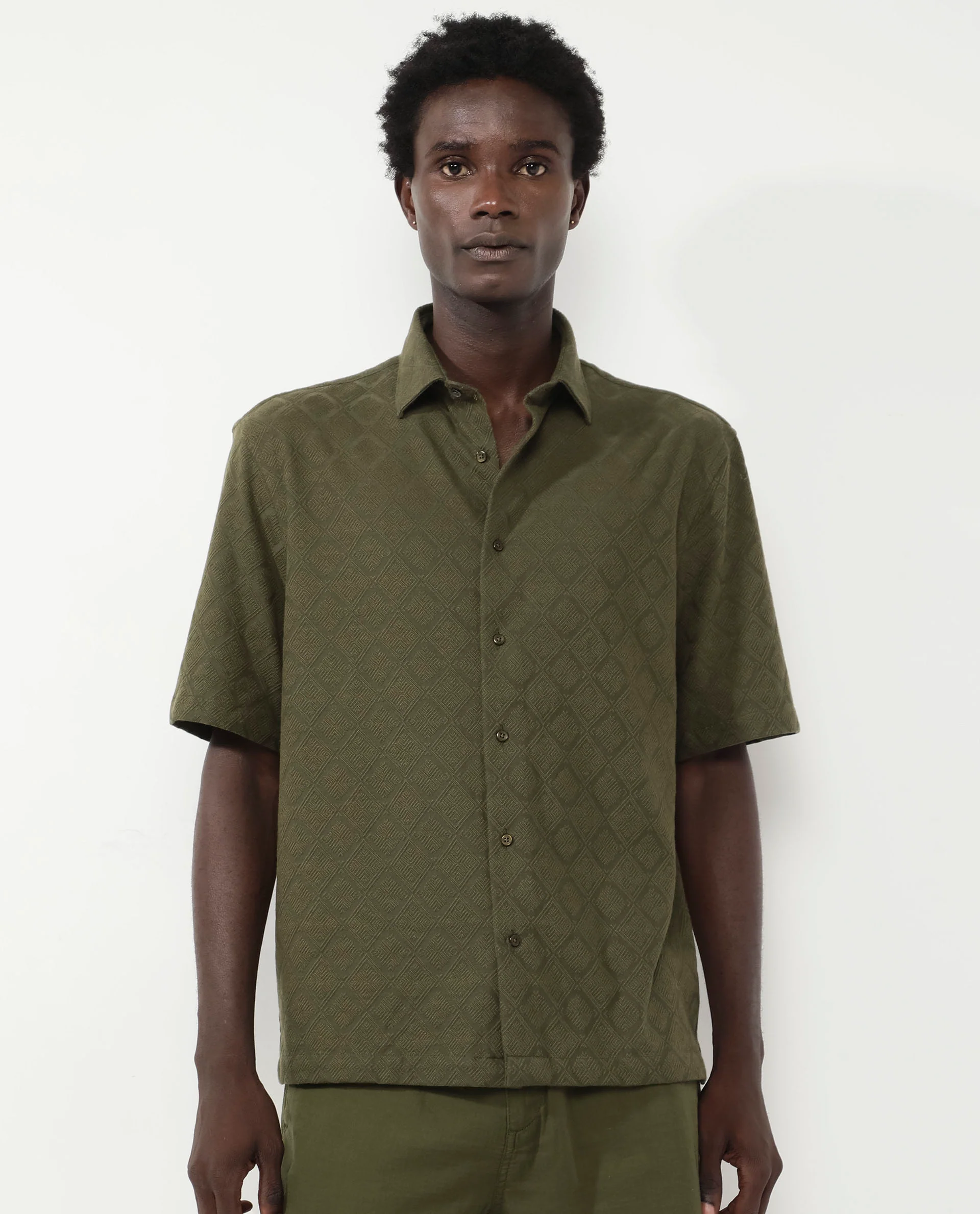 Rare Rabbit Men's Ryker Olive Cotton Blend Jacquard Boxy Fit Half Sleeve Collared Shirt - Image 7
