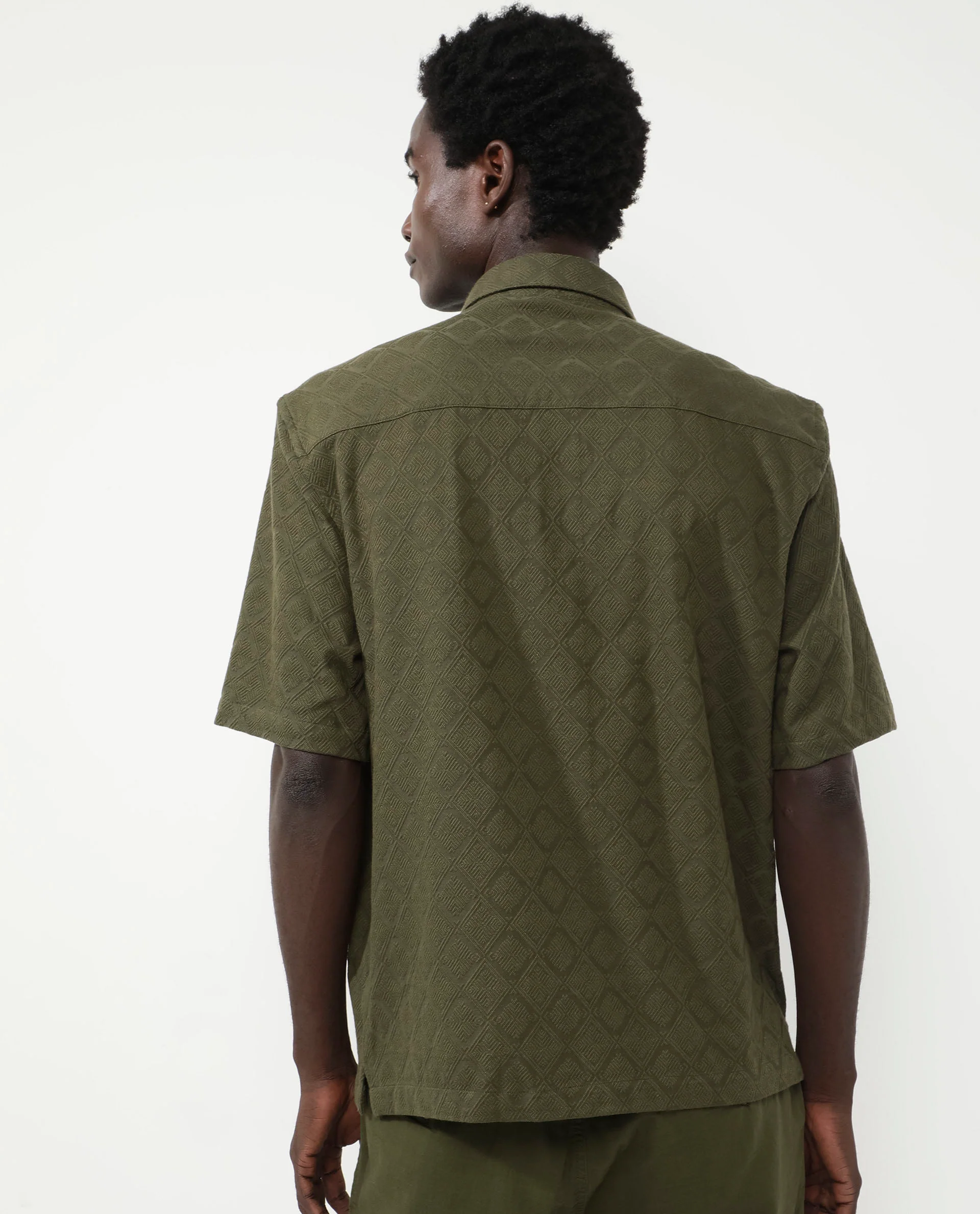 Rare Rabbit Men's Ryker Olive Cotton Blend Jacquard Boxy Fit Half Sleeve Collared Shirt - Image 8