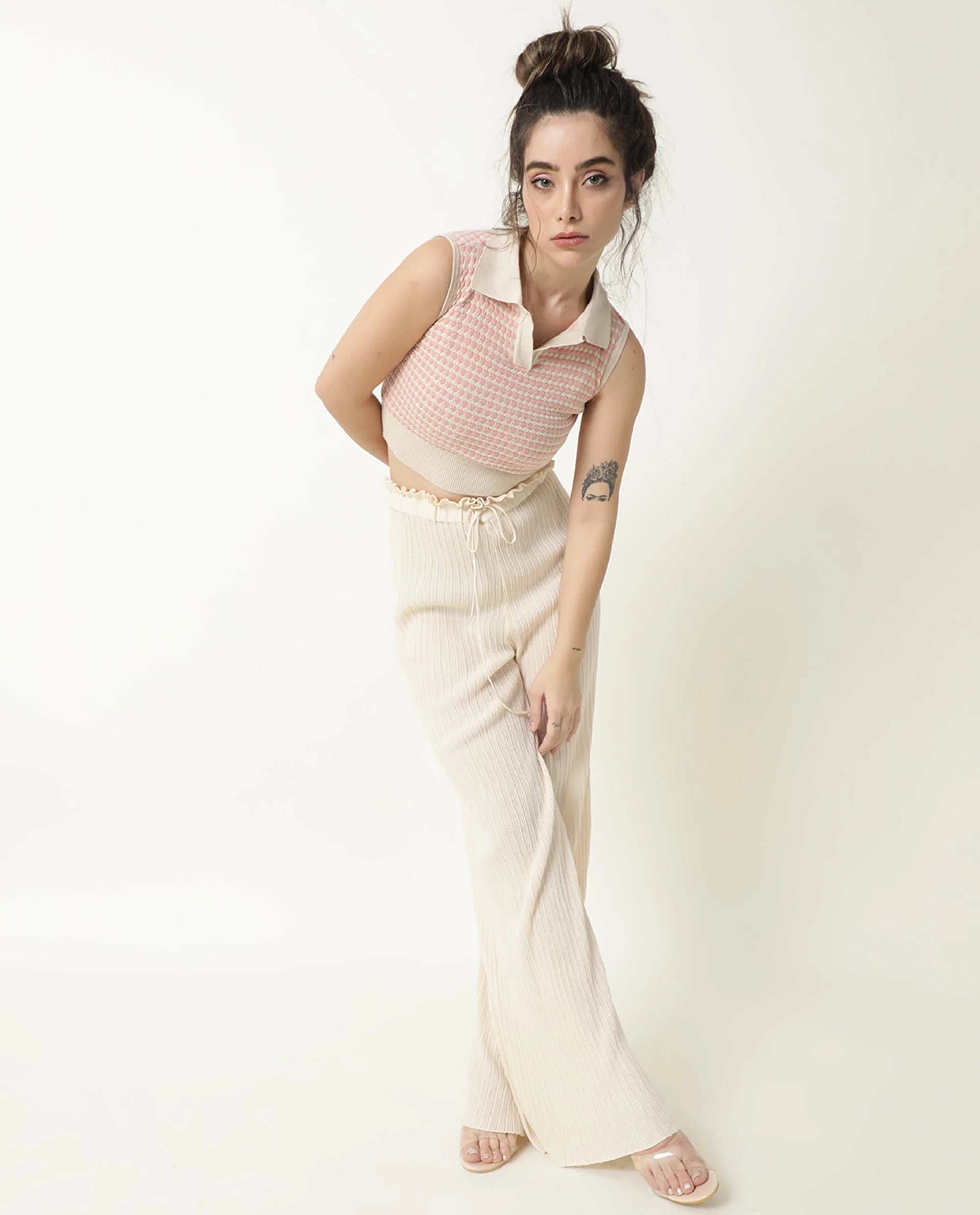 Rareism Women's Rylee Beige Cotton Spread Collar Textured Sleeveless Crop Regular Fit Sweater - Image 10
