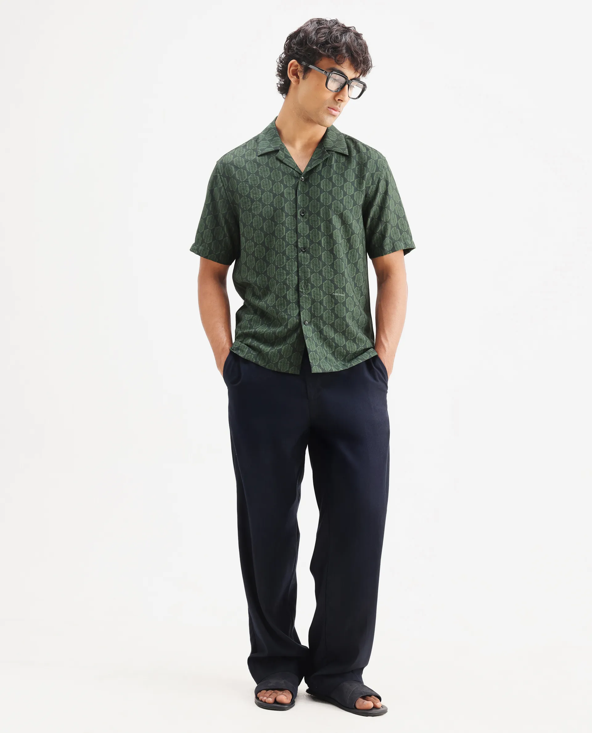 Rare Rabbit Men's Rynox Green Viscose Blend Monogram Print Relaxed Fit Half Sleeve Cuban Collar Shirt - Image 2