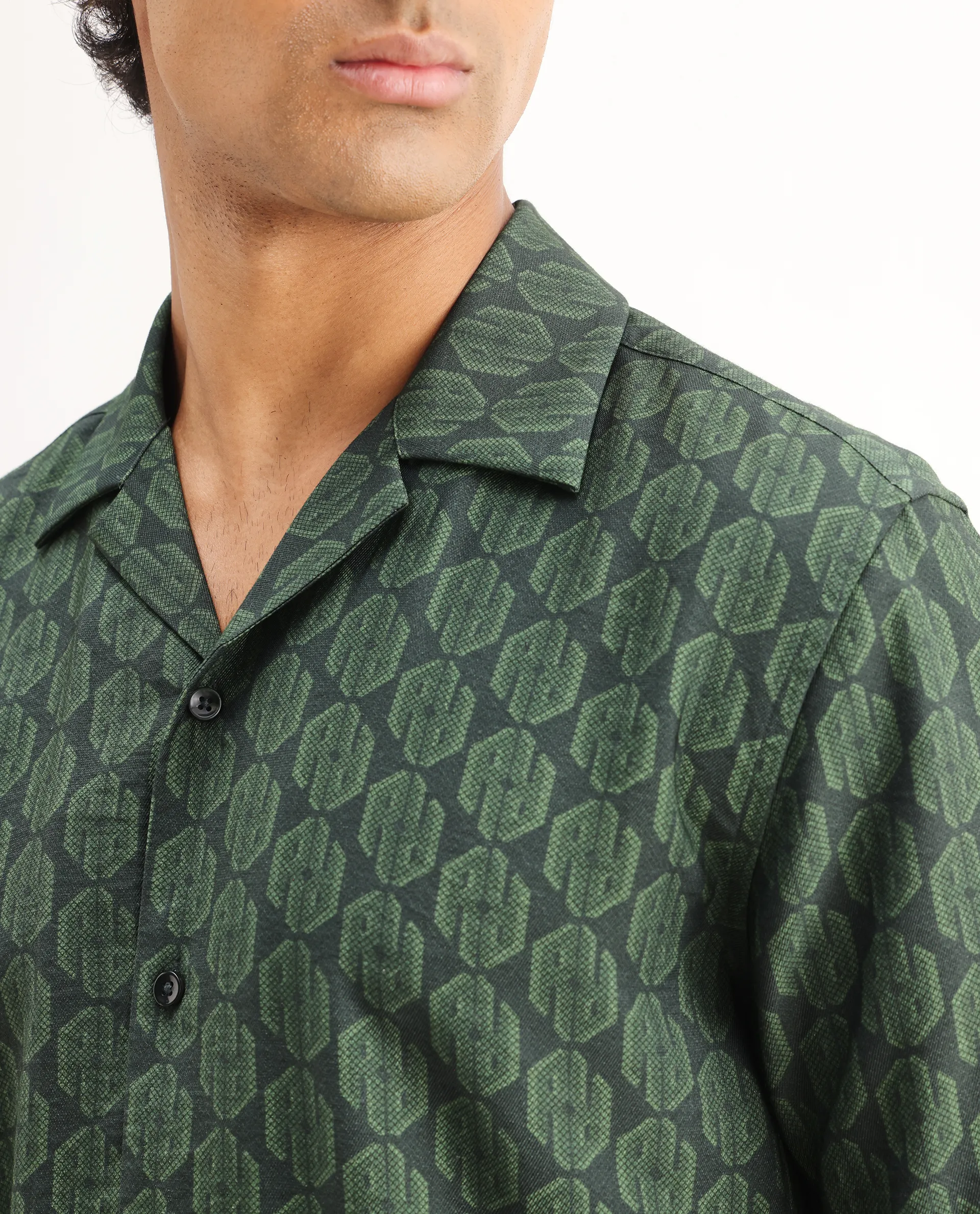 Rare Rabbit Men's Rynox Green Viscose Blend Monogram Print Relaxed Fit Half Sleeve Cuban Collar Shirt - Image 3