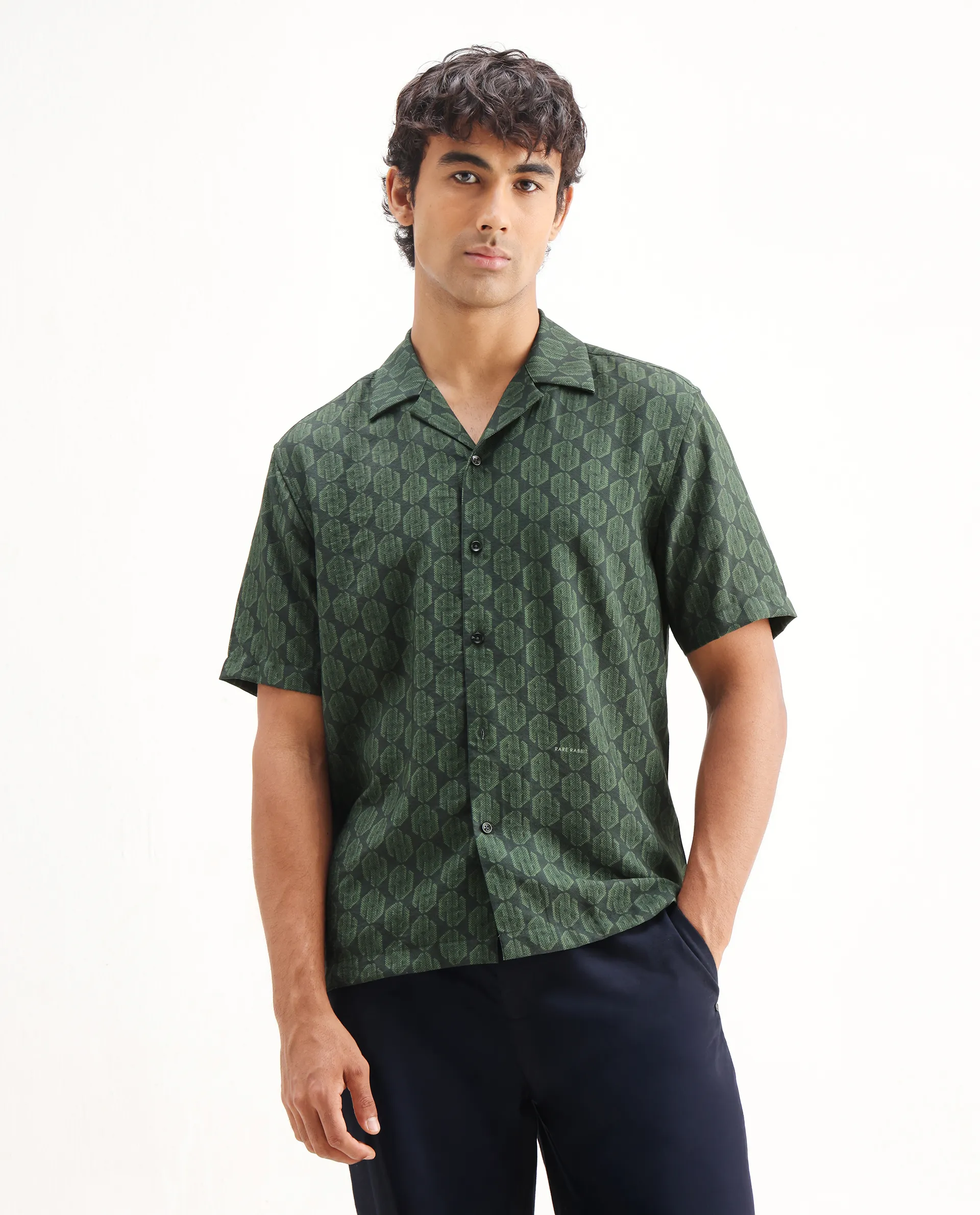 Rare Rabbit Men's Rynox Green Viscose Blend Monogram Print Relaxed Fit Half Sleeve Cuban Collar Shirt - Image 4
