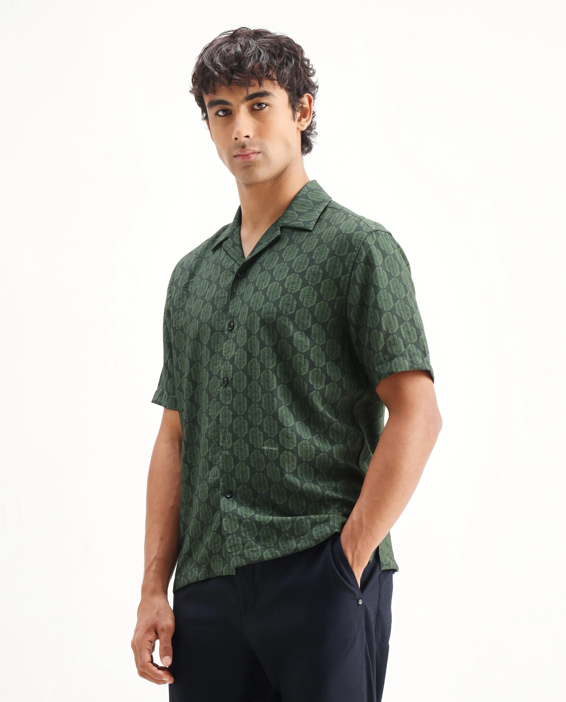 Rare Rabbit Men's Rynox Green Viscose Blend Monogram Print Relaxed Fit Half Sleeve Cuban Collar Shirt - Image 5