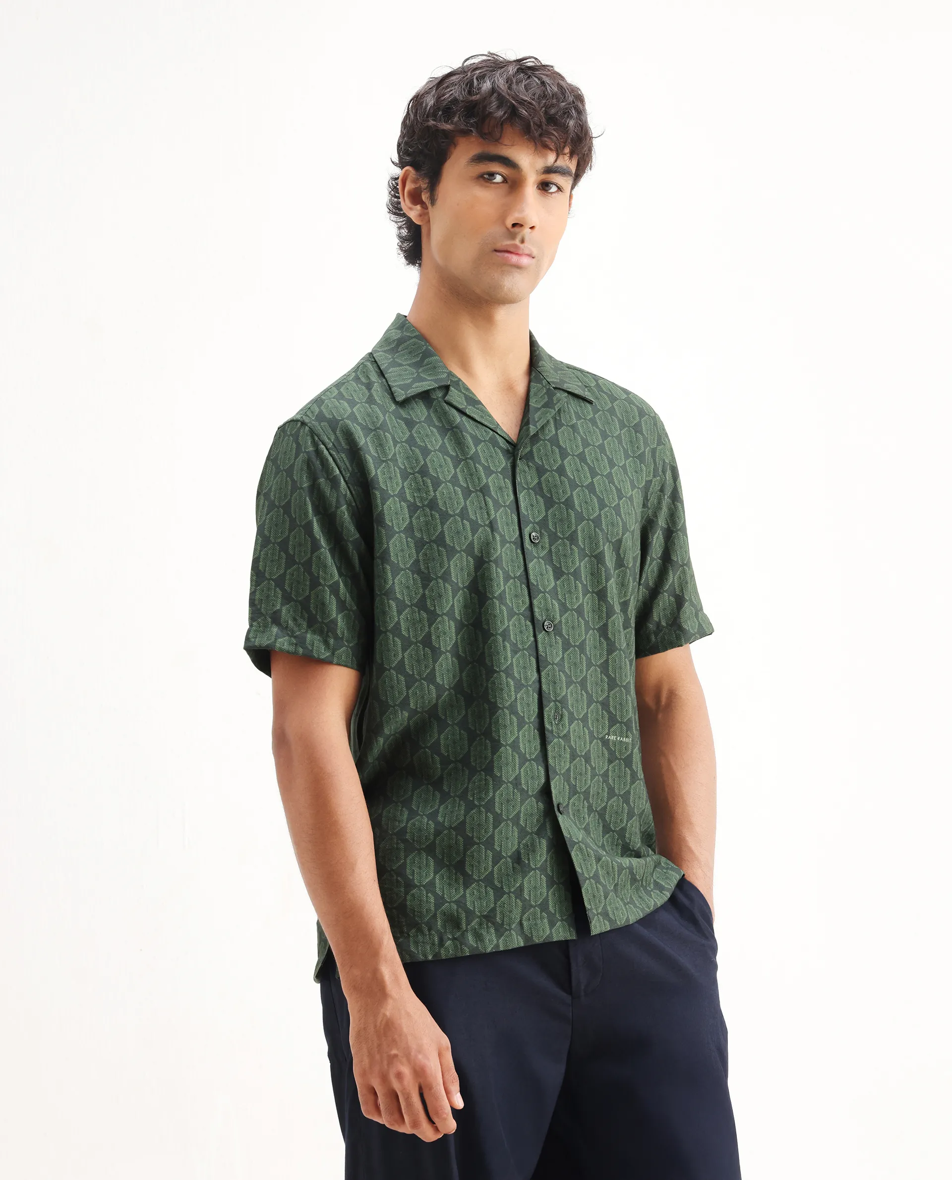 Rare Rabbit Men's Rynox Green Viscose Blend Monogram Print Relaxed Fit Half Sleeve Cuban Collar Shirt - Image 6