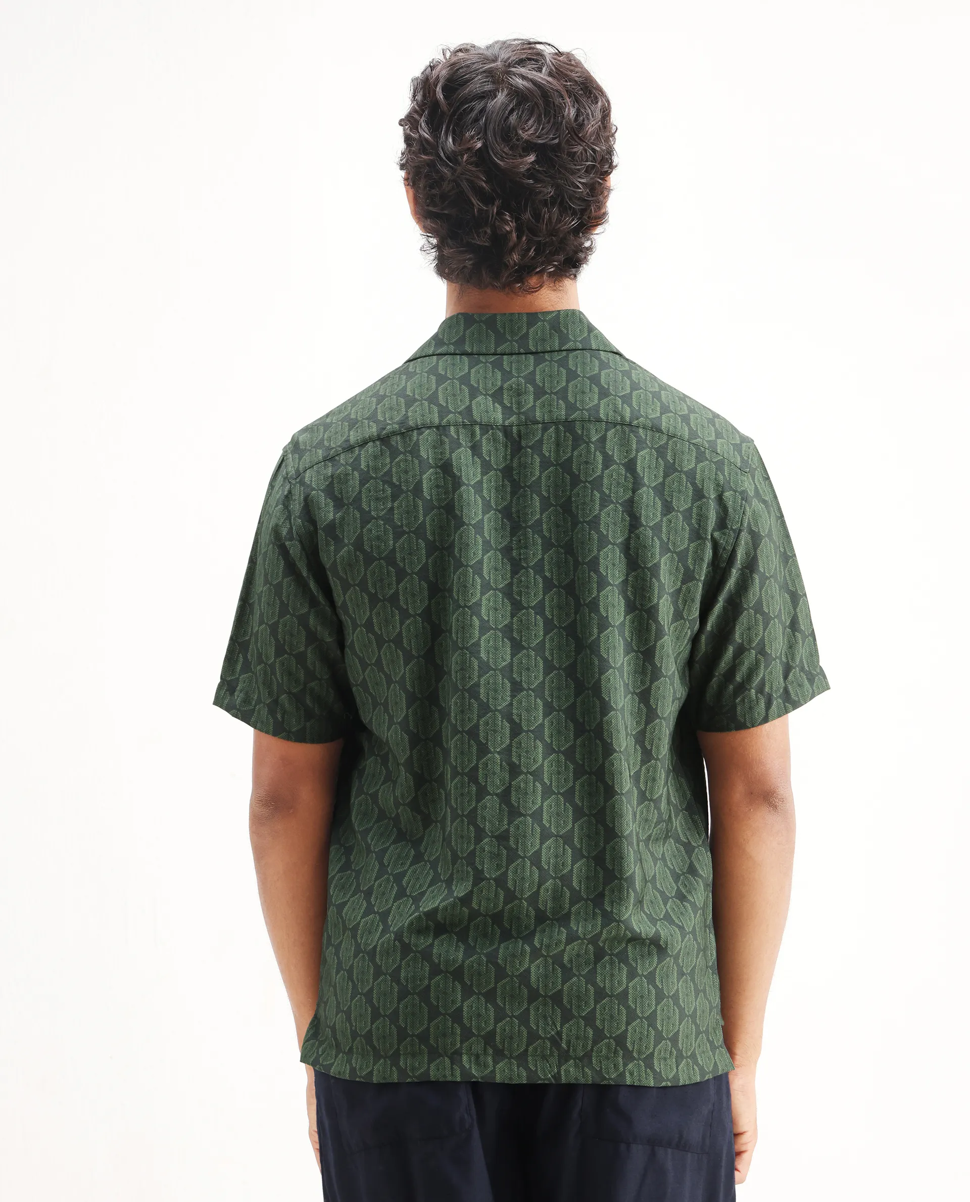Rare Rabbit Men's Rynox Green Viscose Blend Monogram Print Relaxed Fit Half Sleeve Cuban Collar Shirt - Image 7