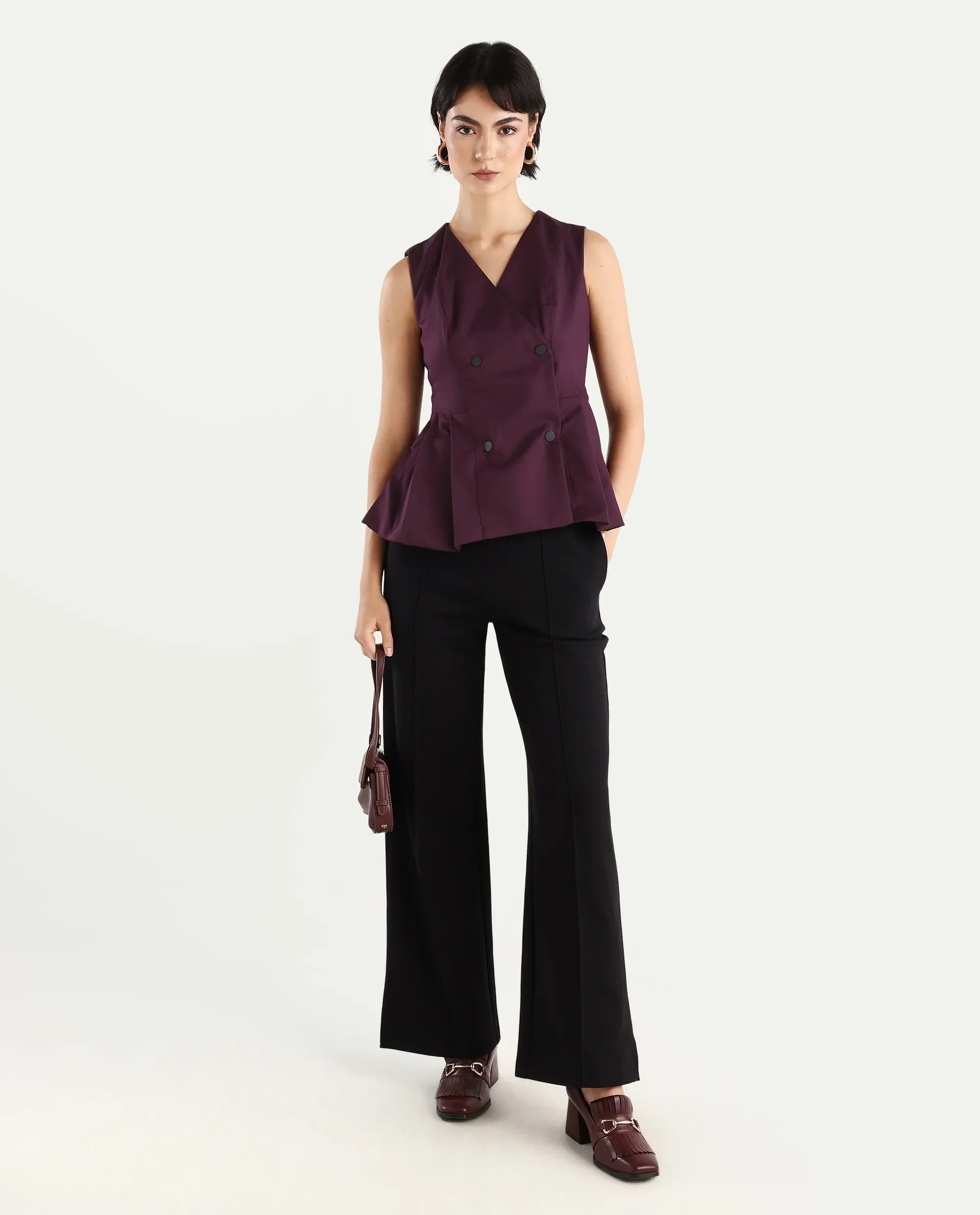 Rareism Women's Rysa Purple Polyester V-Neck Plain Sleeveless Regular Fit And Flare Top - Image 2