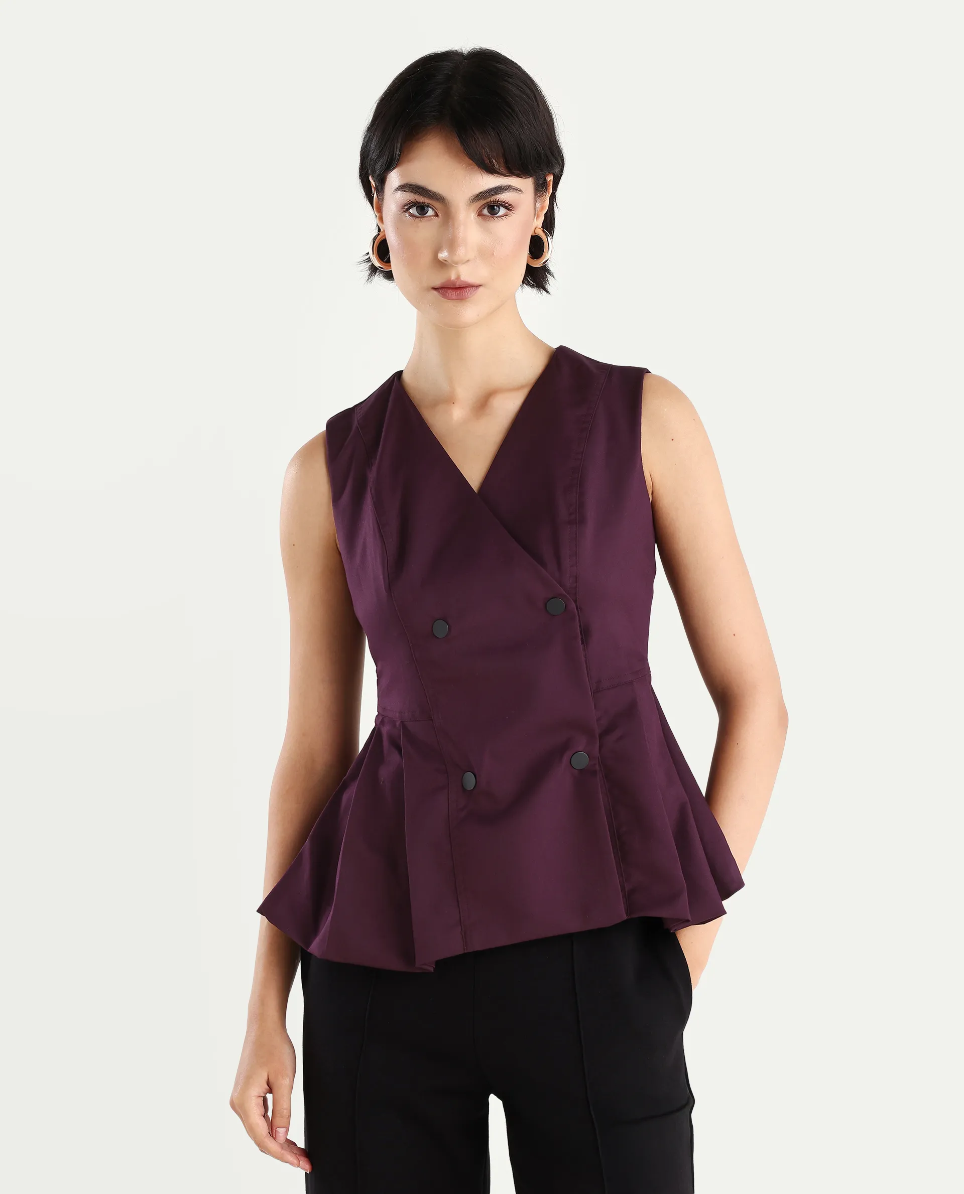Rareism Women's Rysa Purple Polyester V-Neck Plain Sleeveless Regular Fit And Flare Top - Image 3