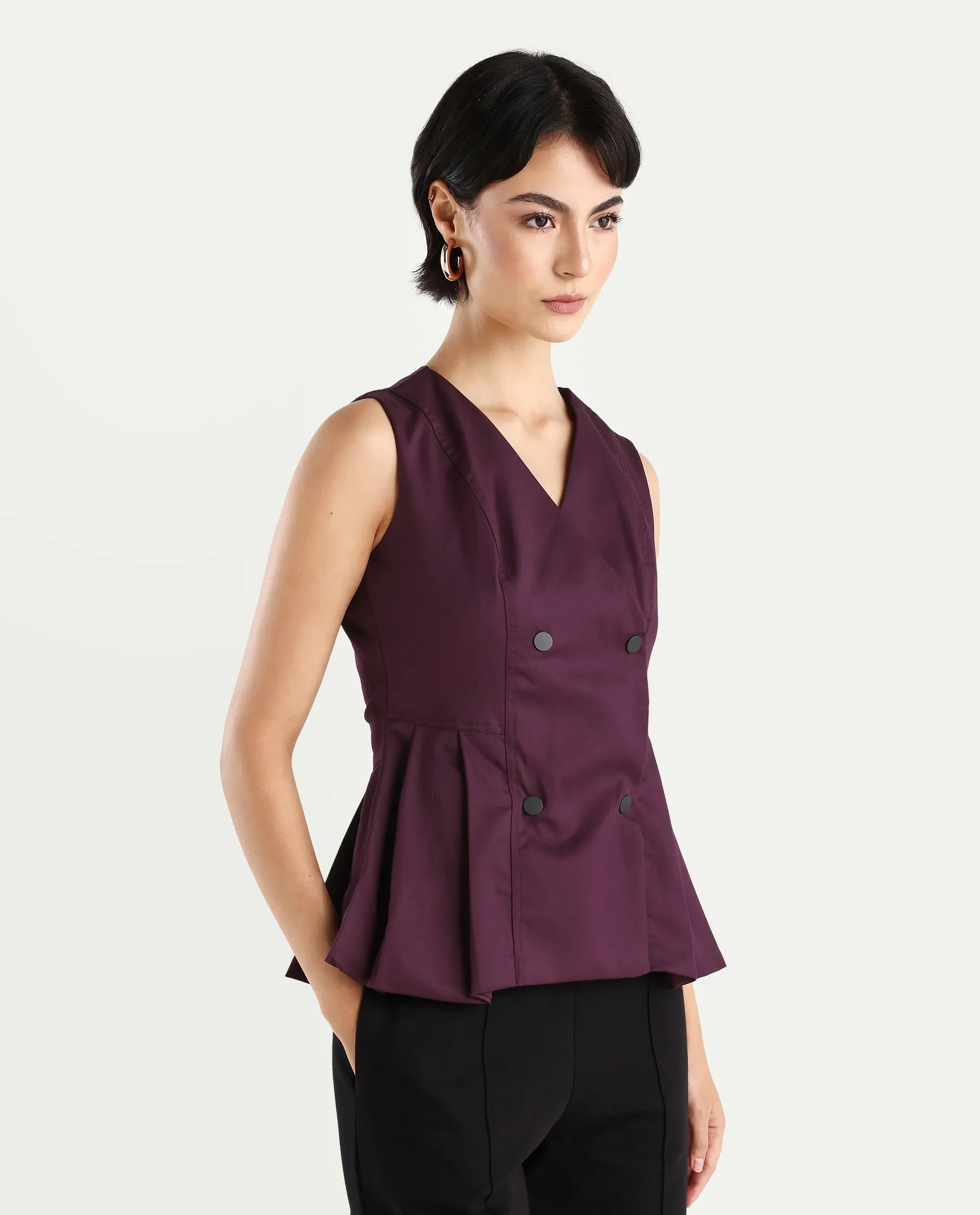 Rareism Women's Rysa Purple Polyester V-Neck Plain Sleeveless Regular Fit And Flare Top - Image 6