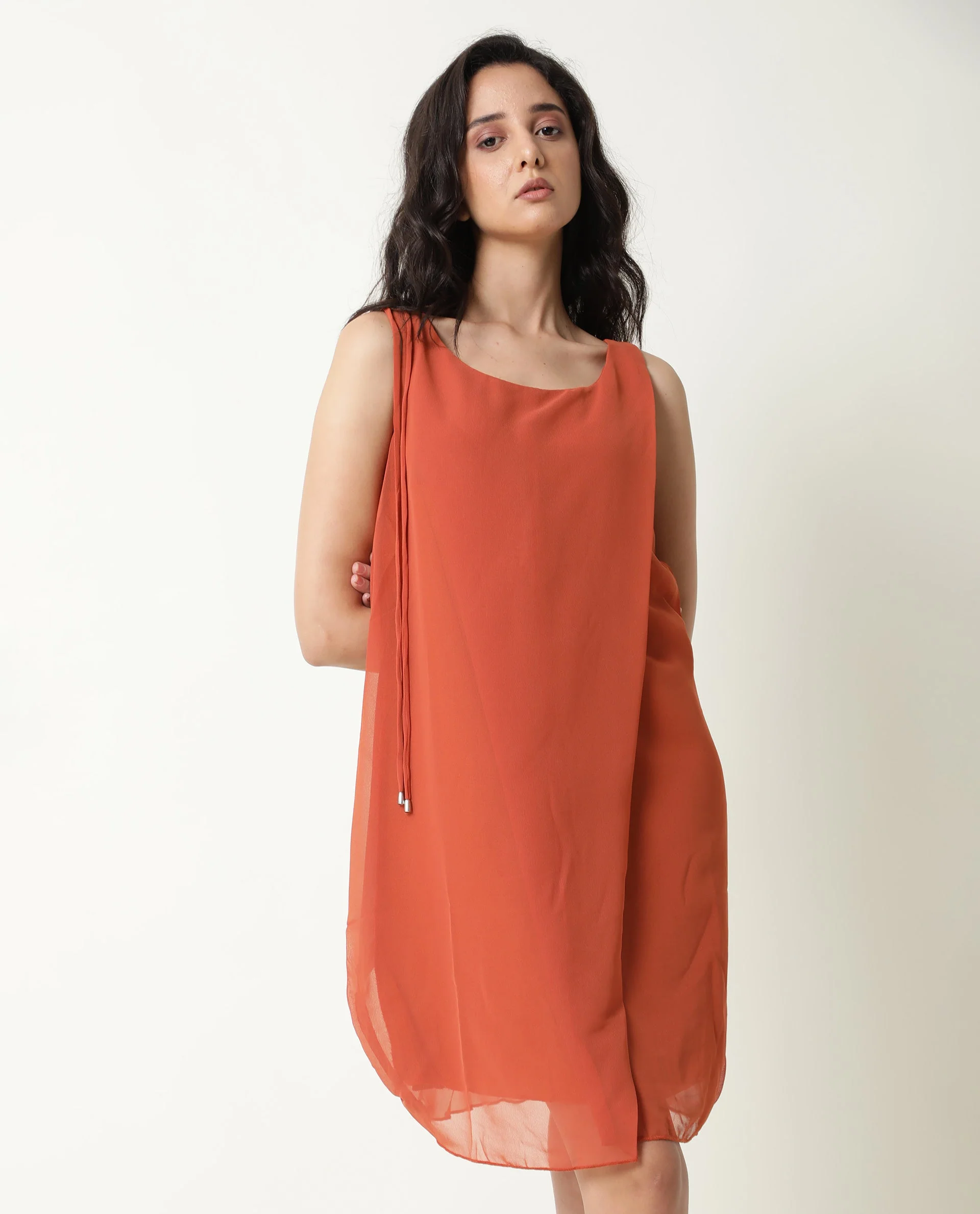 Rareism Women's Saabo Rust Polyester Boat Neck Plain Sleeveless Knee Length Regular Fit Dress