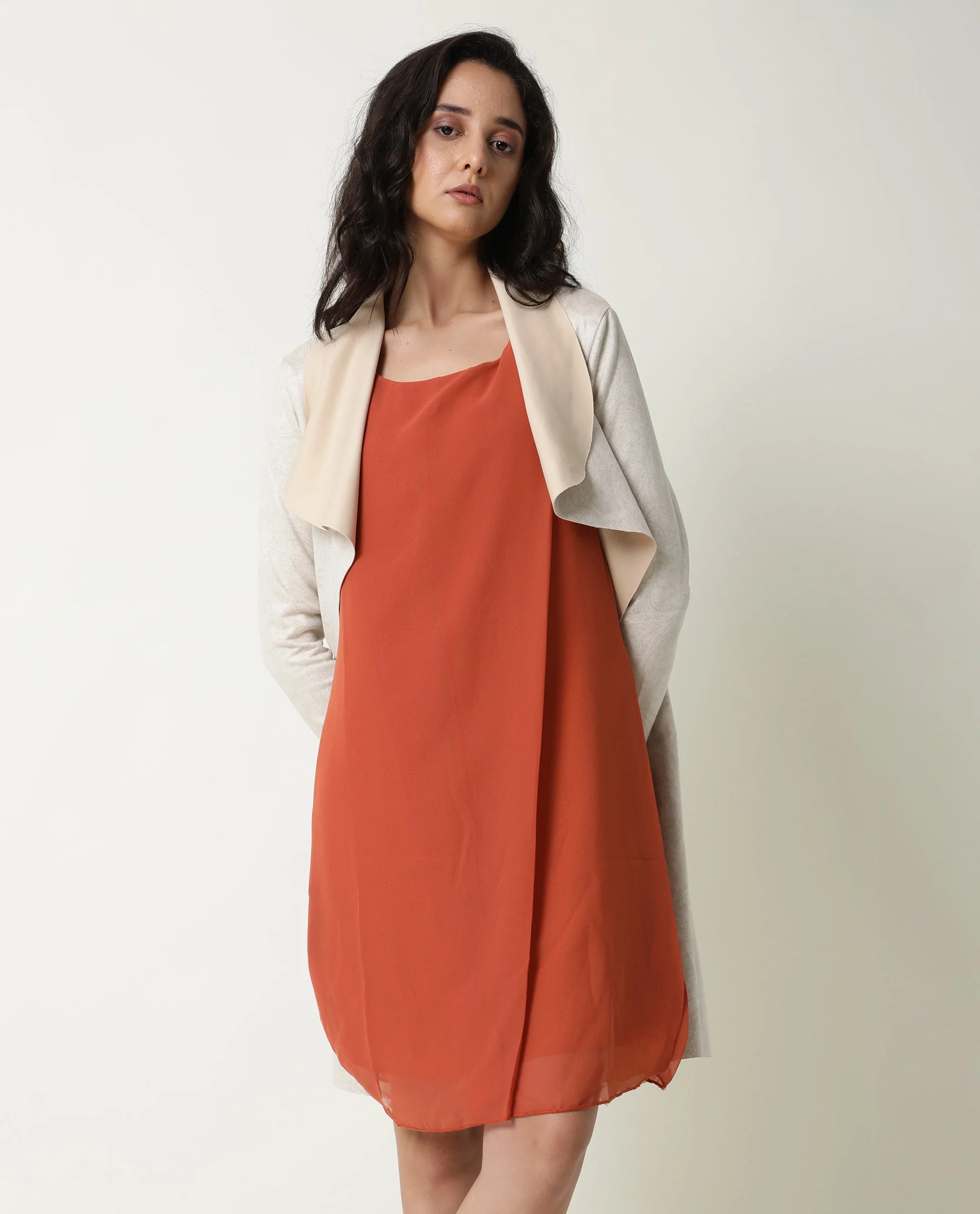 Rareism Women's Saabo Rust Polyester Boat Neck Plain Sleeveless Knee Length Regular Fit Dress - Image 10