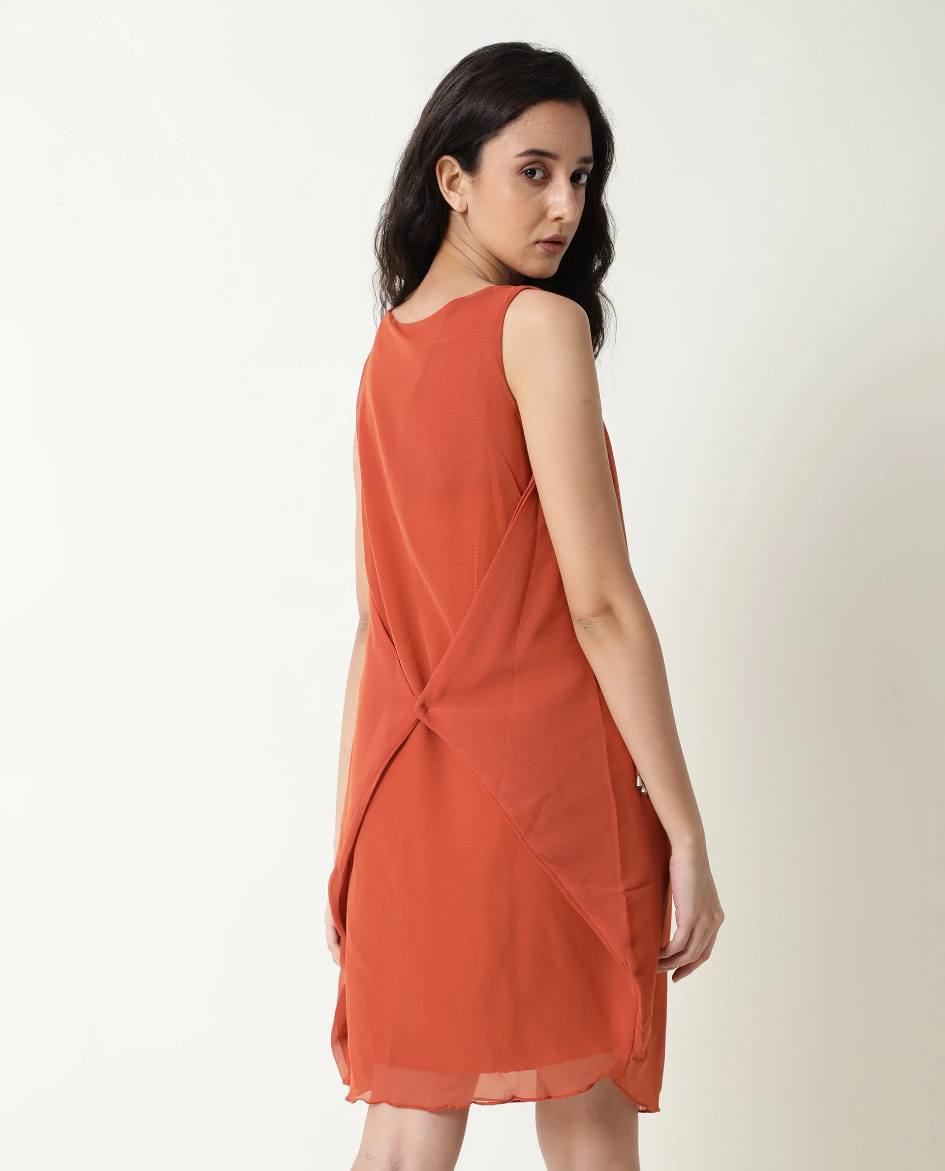 Rareism Women's Saabo Rust Polyester Boat Neck Plain Sleeveless Knee Length Regular Fit Dress - Image 11