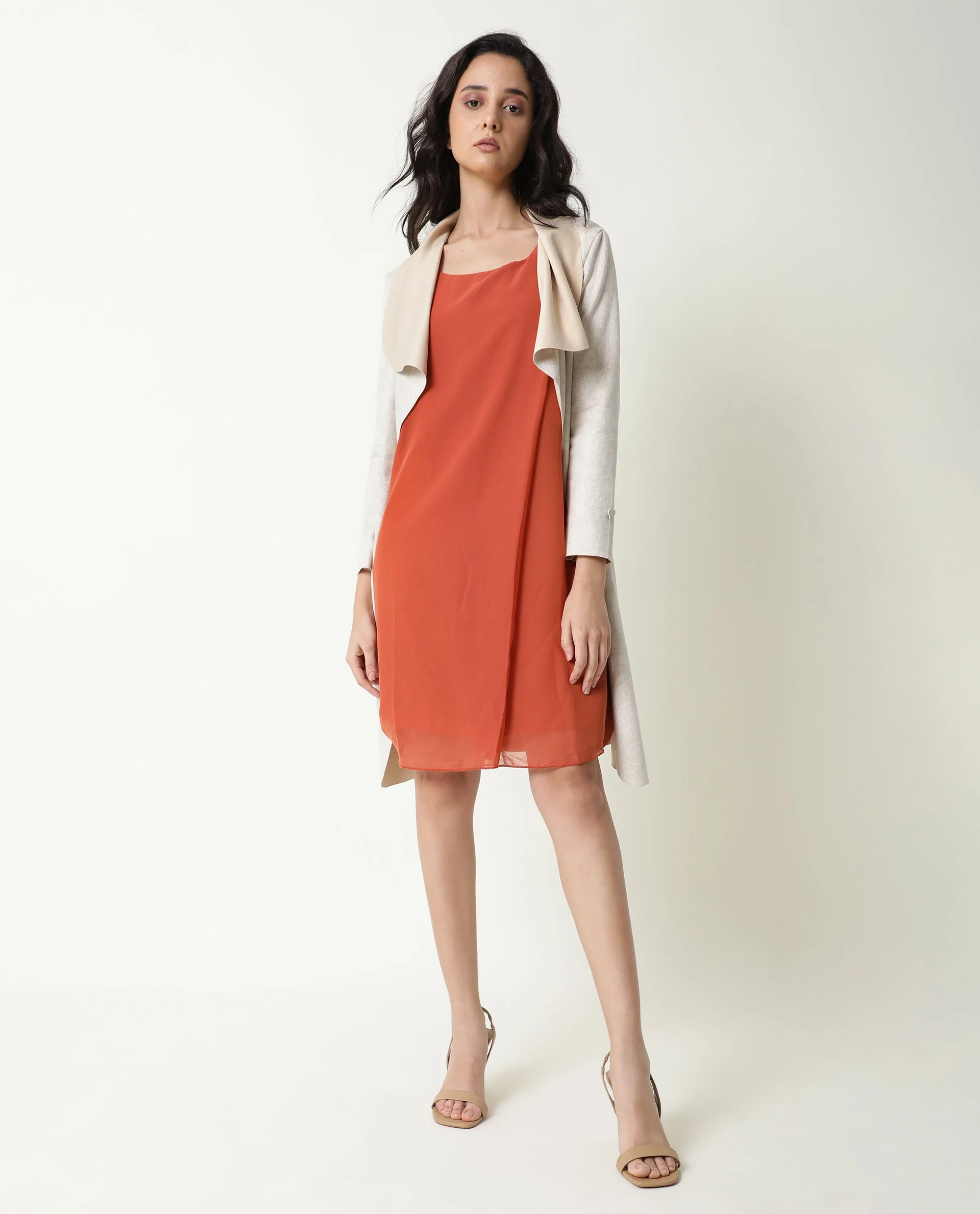 Rareism Women's Saabo Rust Polyester Boat Neck Plain Sleeveless Knee Length Regular Fit Dress - Image 12