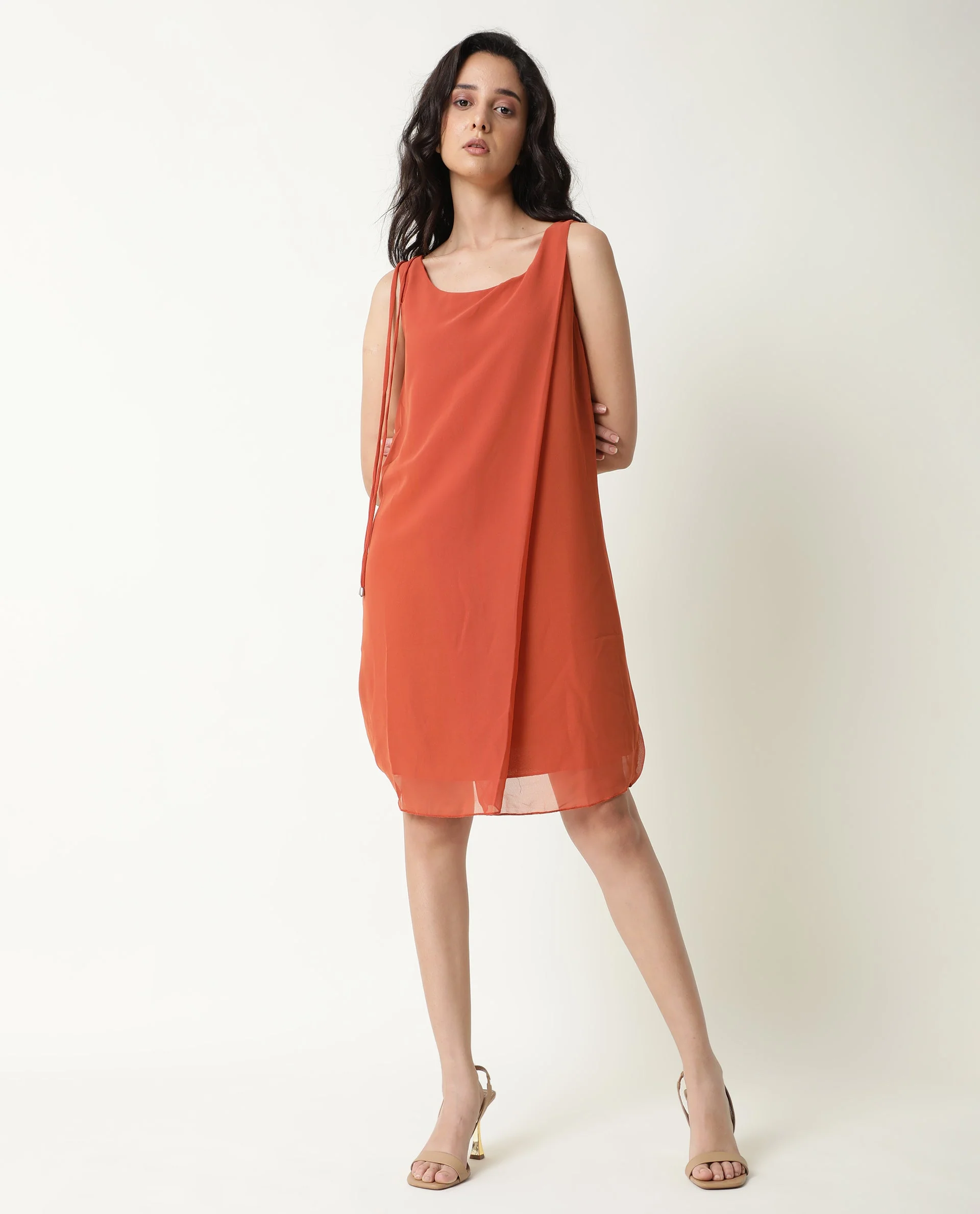 Rareism Women's Saabo Rust Polyester Boat Neck Plain Sleeveless Knee Length Regular Fit Dress - Image 2