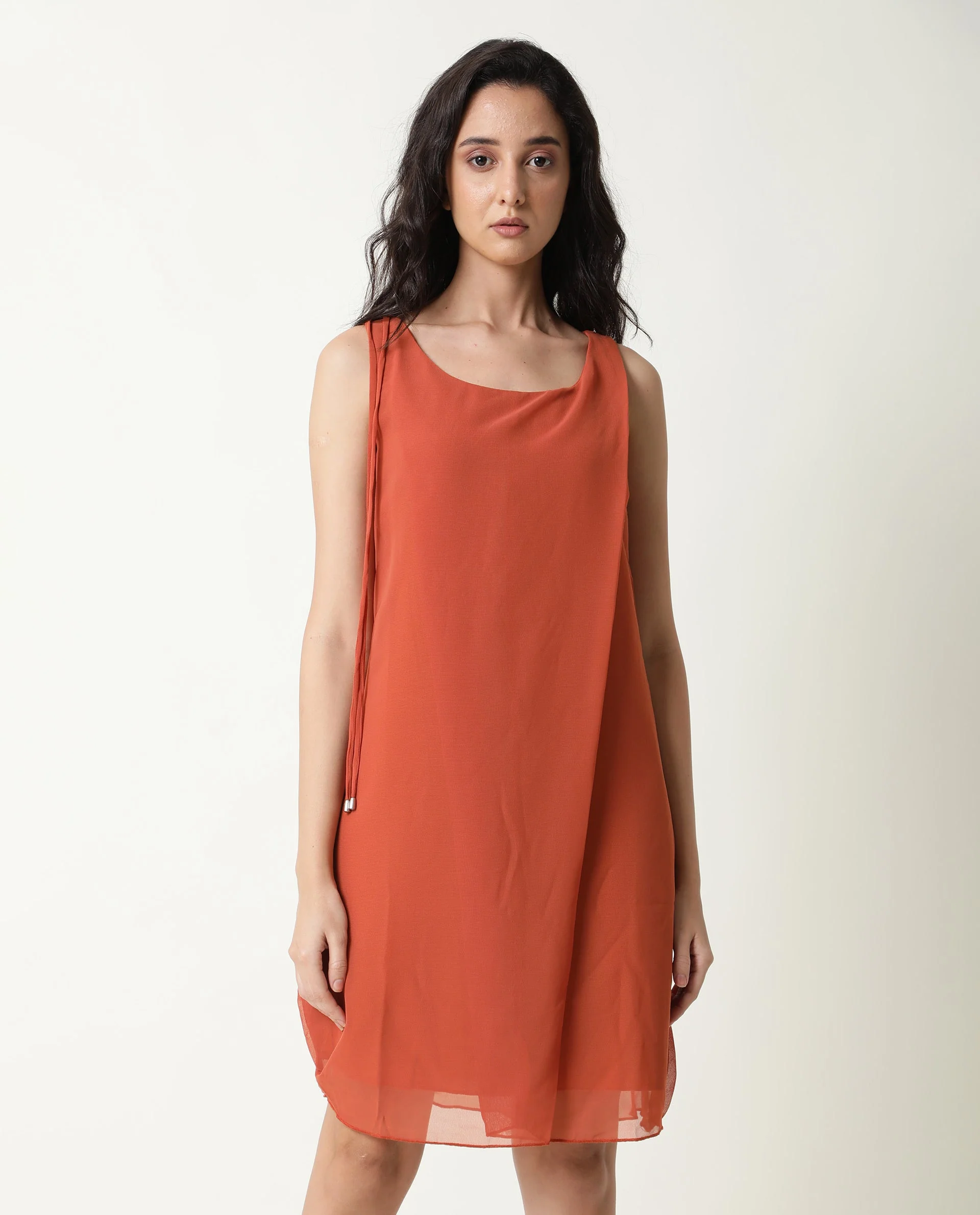 Rareism Women's Saabo Rust Polyester Boat Neck Plain Sleeveless Knee Length Regular Fit Dress - Image 3