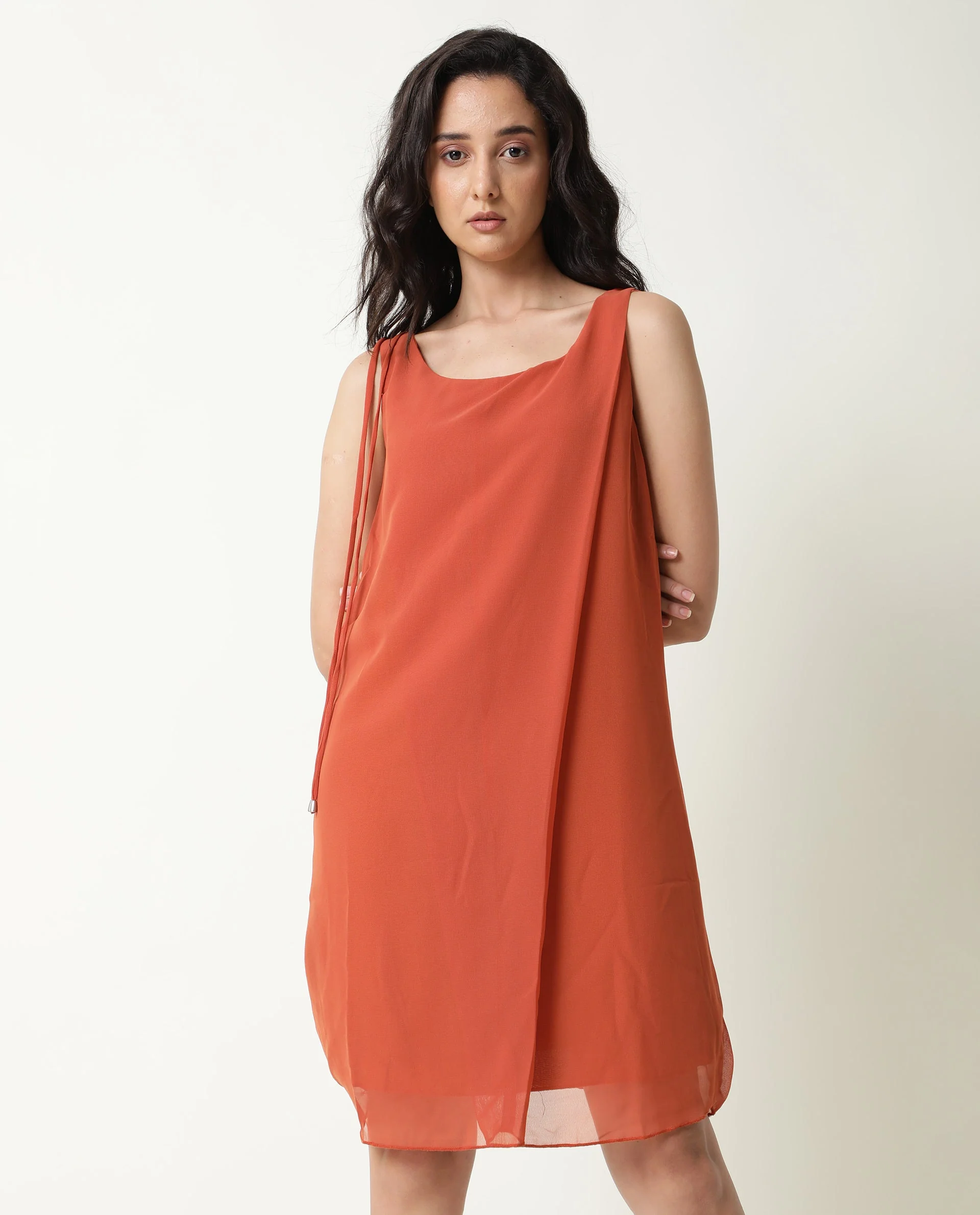 Rareism Women's Saabo Rust Polyester Boat Neck Plain Sleeveless Knee Length Regular Fit Dress - Image 4