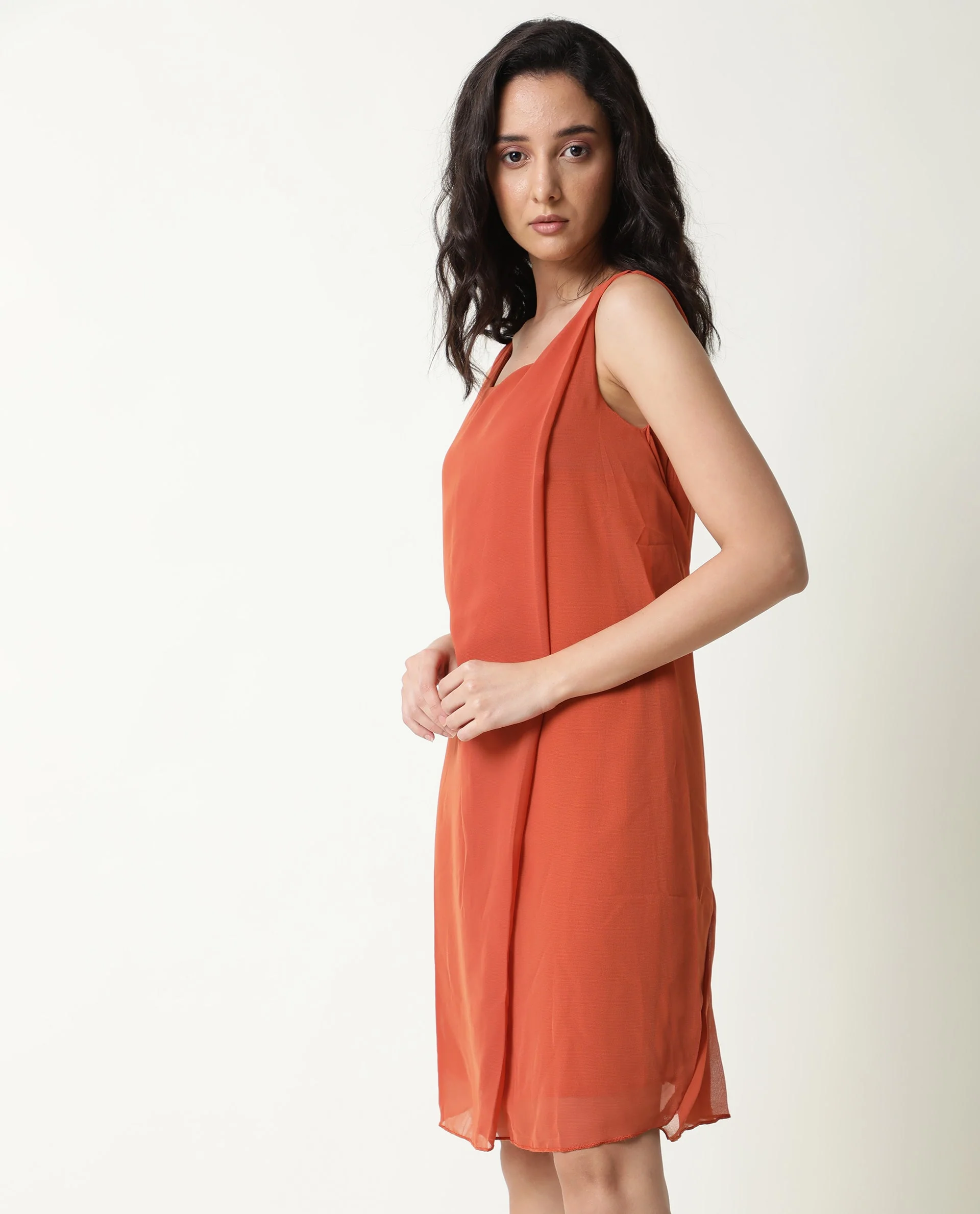 Rareism Women's Saabo Rust Polyester Boat Neck Plain Sleeveless Knee Length Regular Fit Dress - Image 5