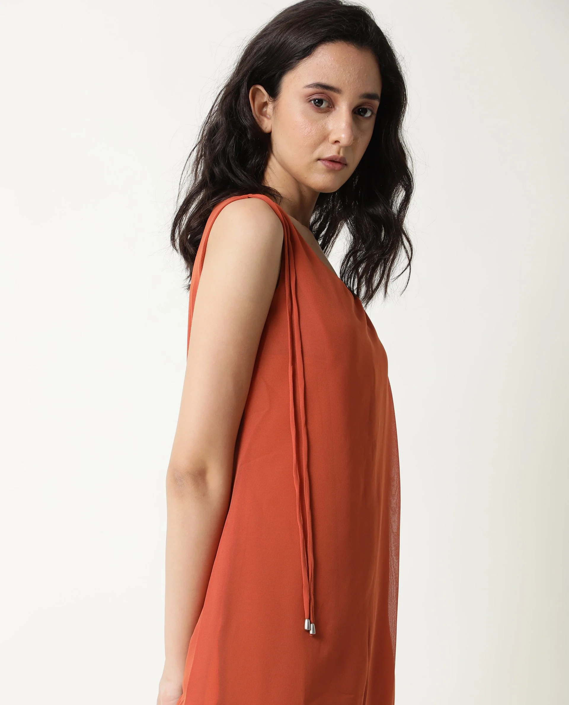 Rareism Women's Saabo Rust Polyester Boat Neck Plain Sleeveless Knee Length Regular Fit Dress - Image 6