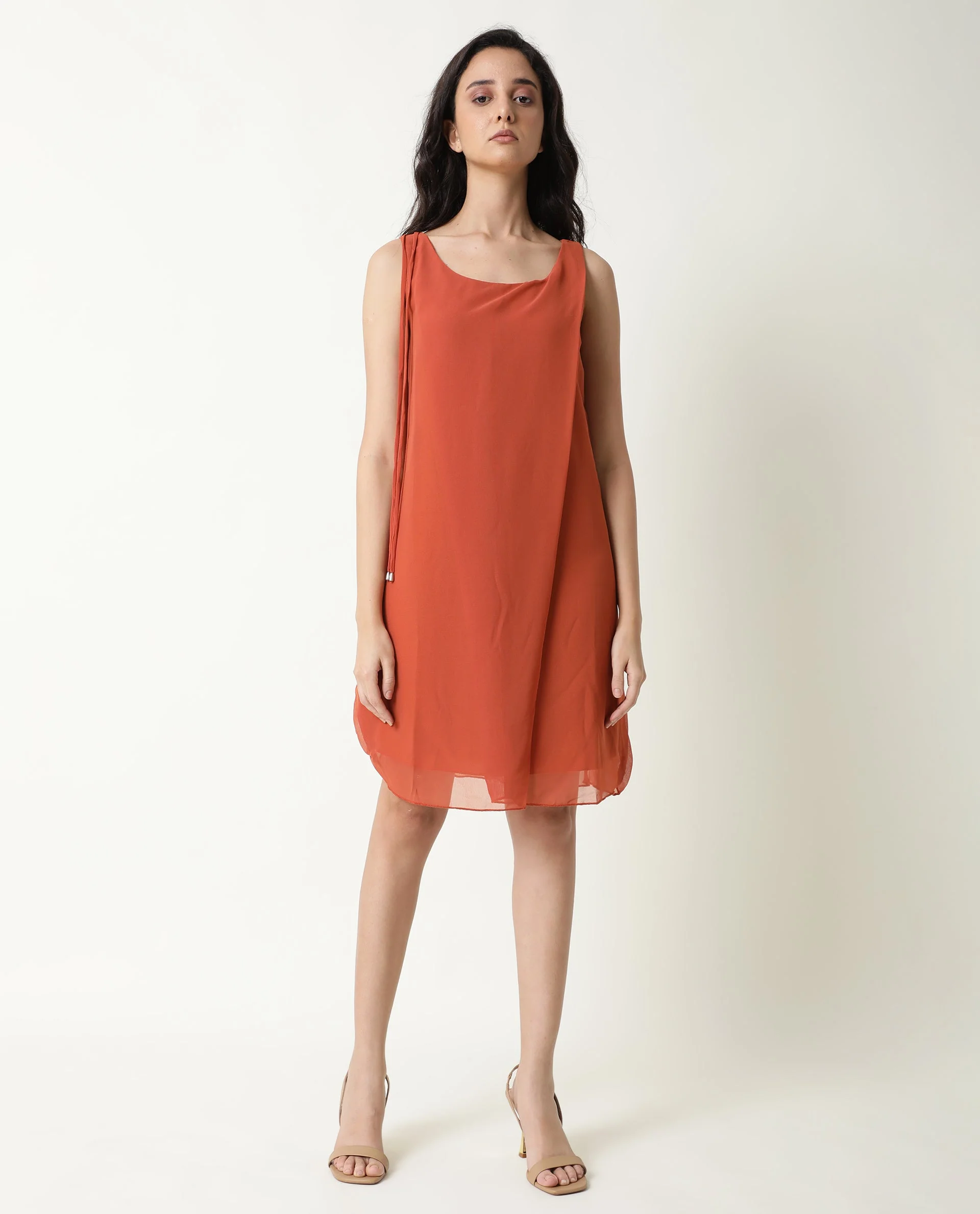 Rareism Women's Saabo Rust Polyester Boat Neck Plain Sleeveless Knee Length Regular Fit Dress - Image 8