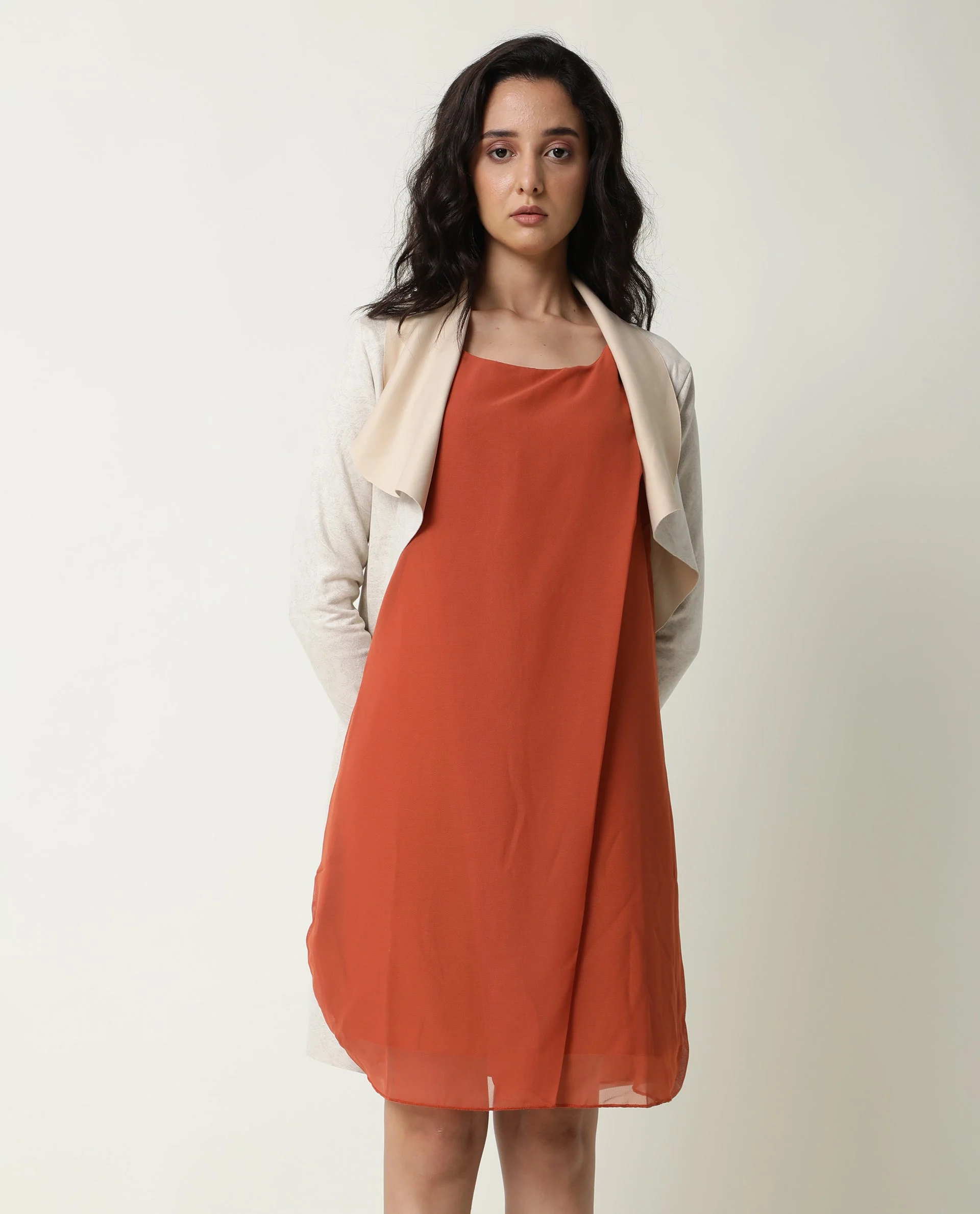 Rareism Women's Saabo Rust Polyester Boat Neck Plain Sleeveless Knee Length Regular Fit Dress - Image 9