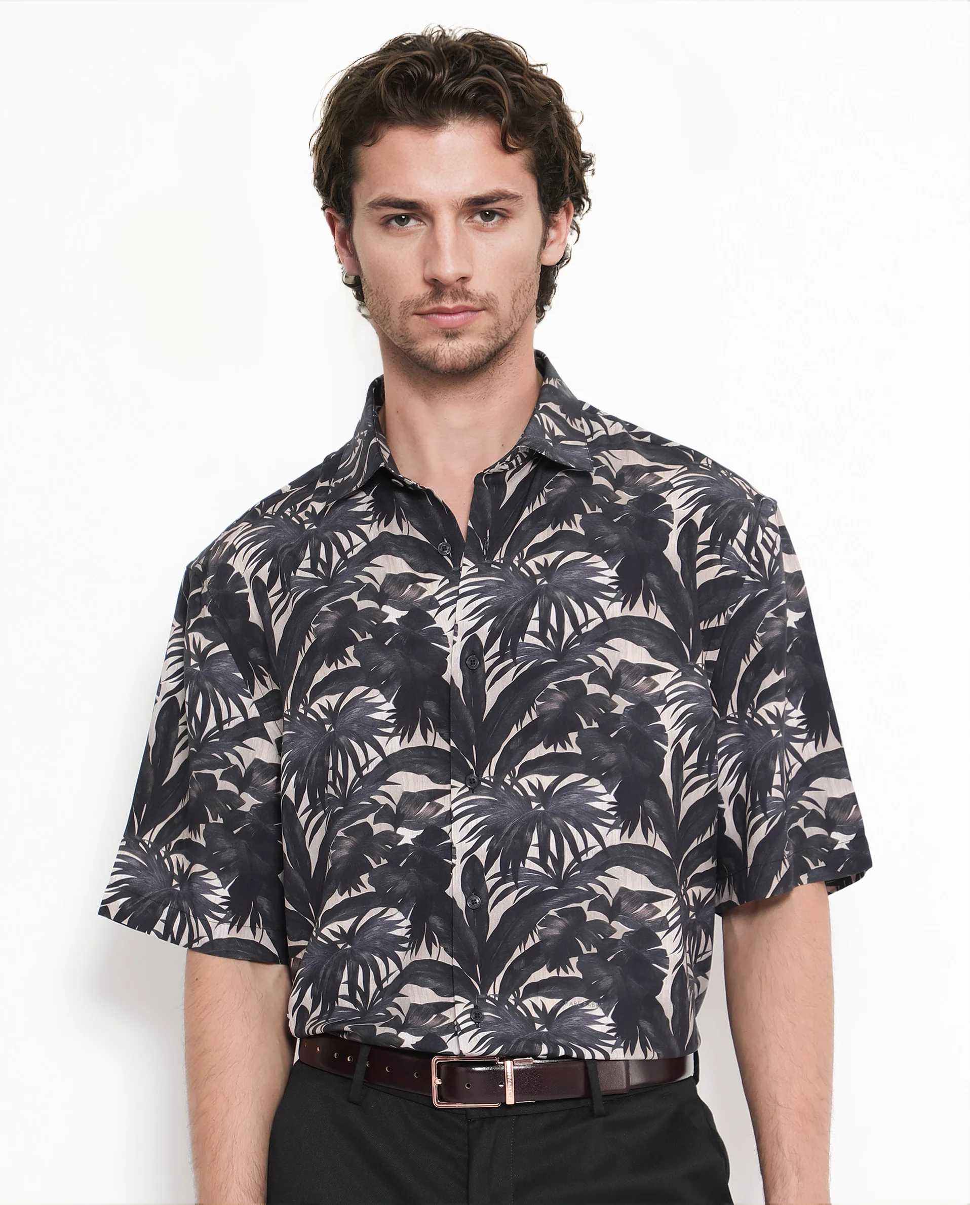 Rare Rabbit Men's Sabel Black Viscose Tropical Print Boxy Fit Half Sleeve Collared Shirt