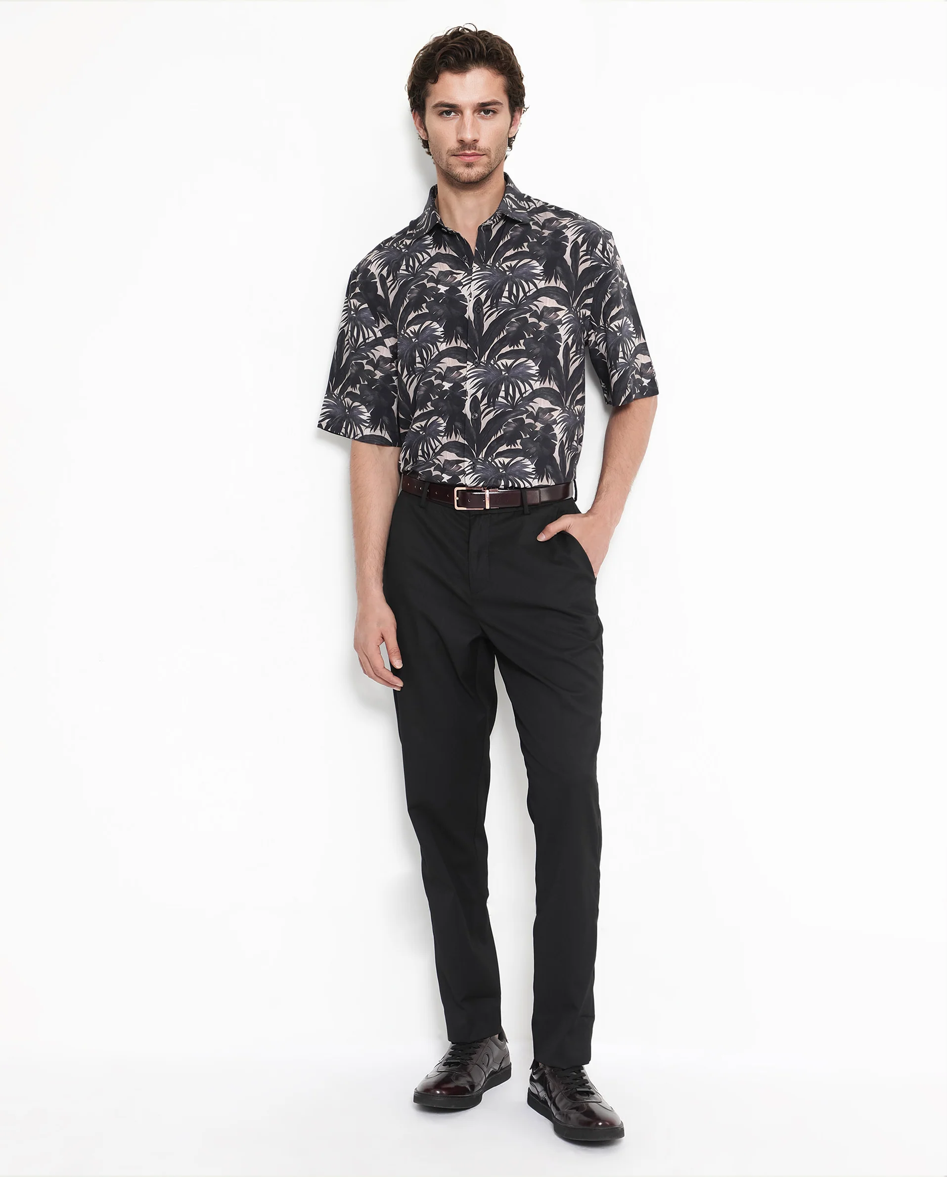 Rare Rabbit Men's Sabel Black Viscose Tropical Print Boxy Fit Half Sleeve Collared Shirt - Image 2
